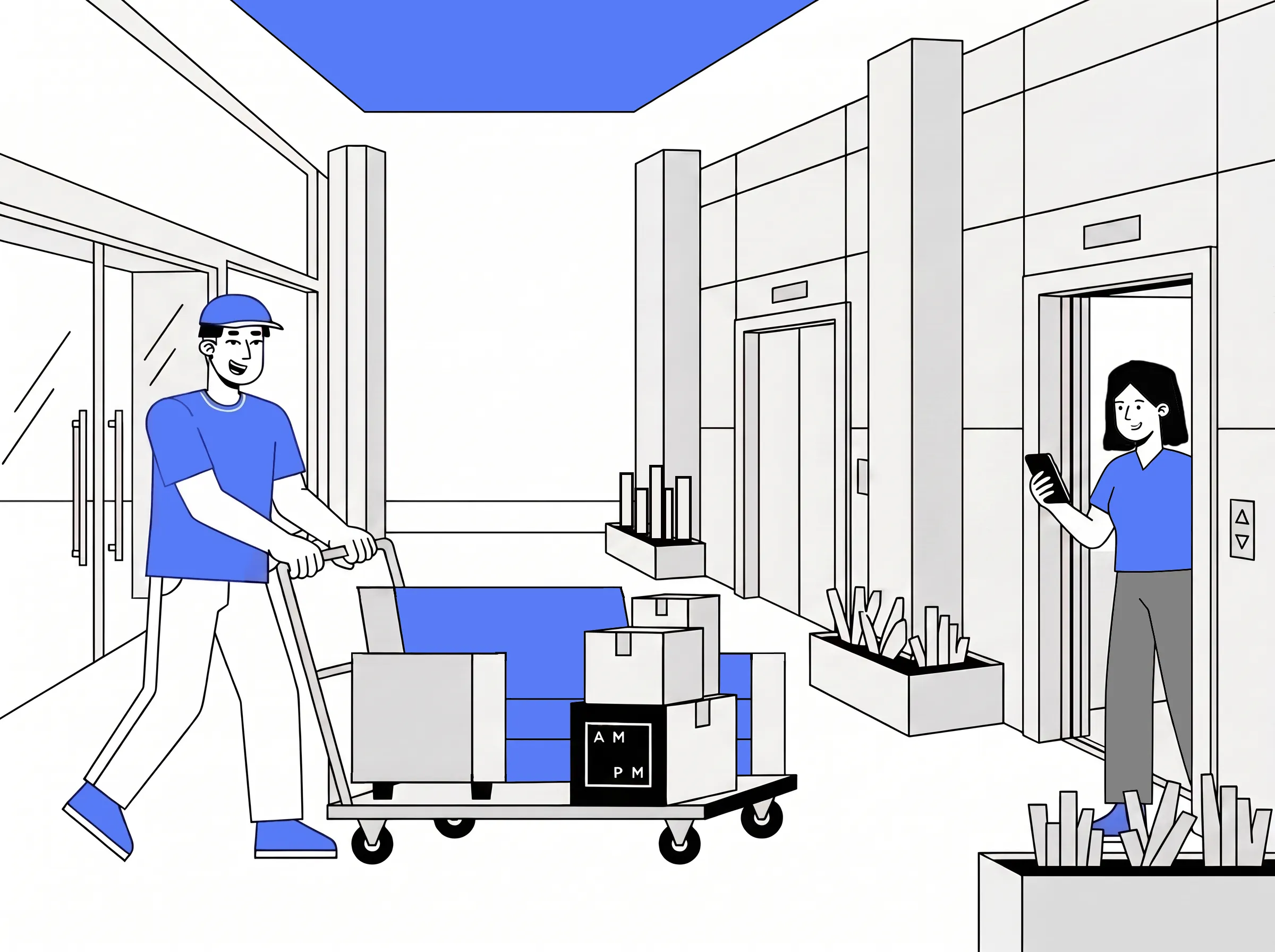 Movers carrying boxes and furniture down an apartment hallway during a move