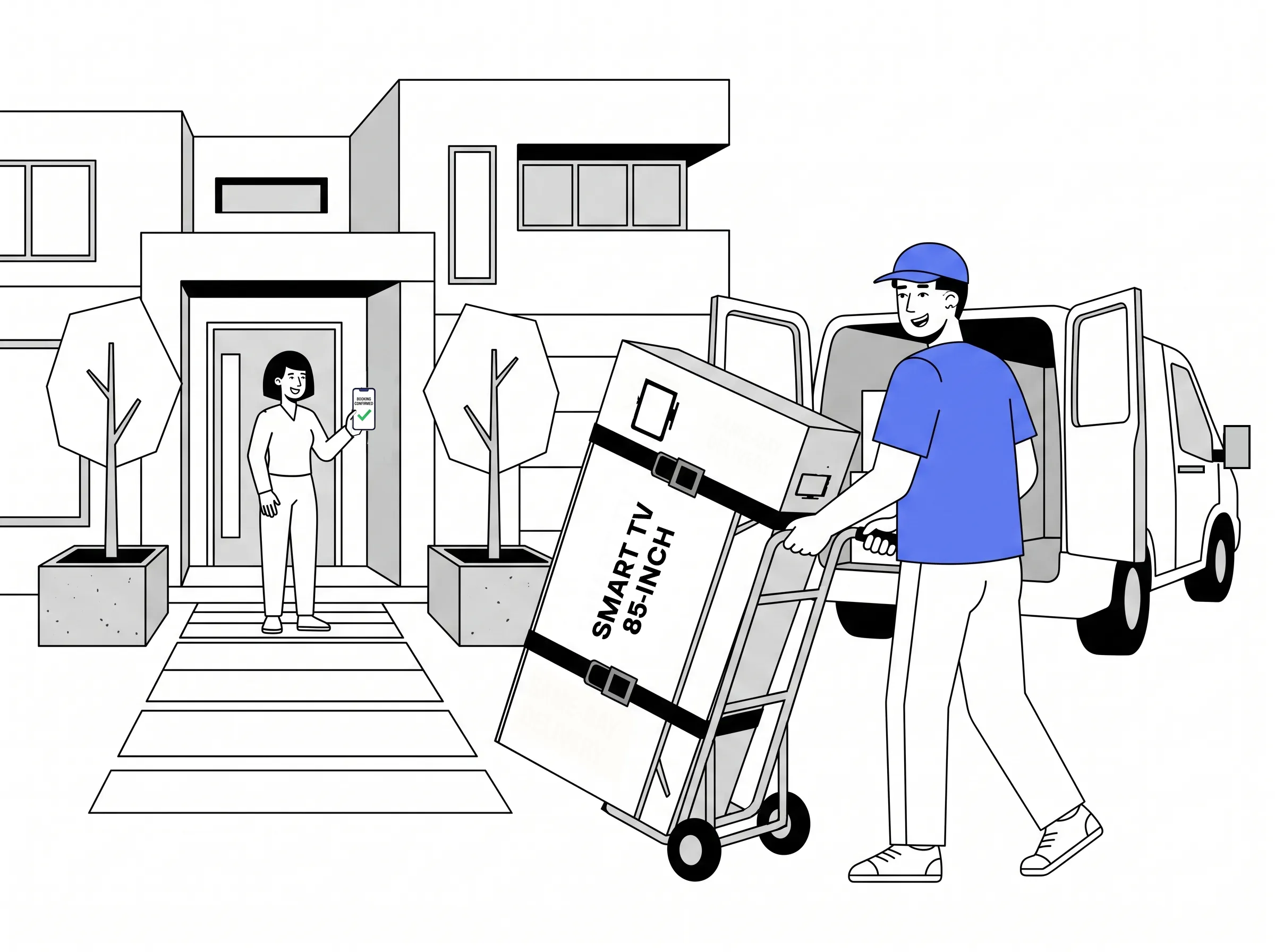 Delivery driver carrying a television box to a customer's home