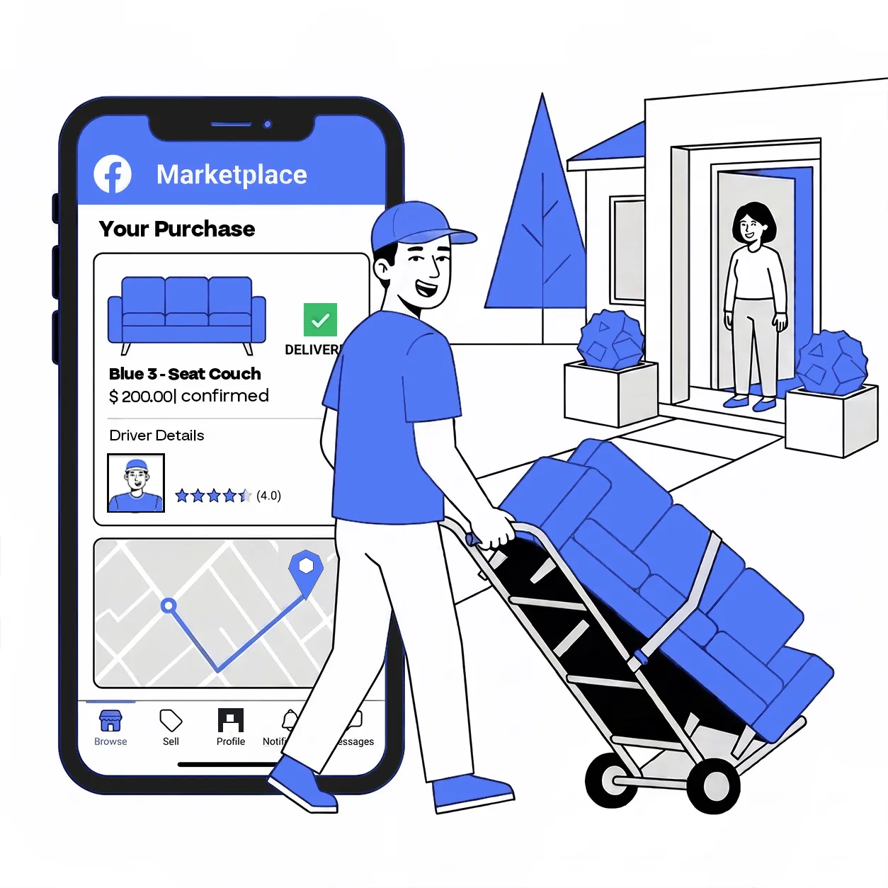 Customer viewing a Facebook Marketplace purchase on a phone before delivery pickup