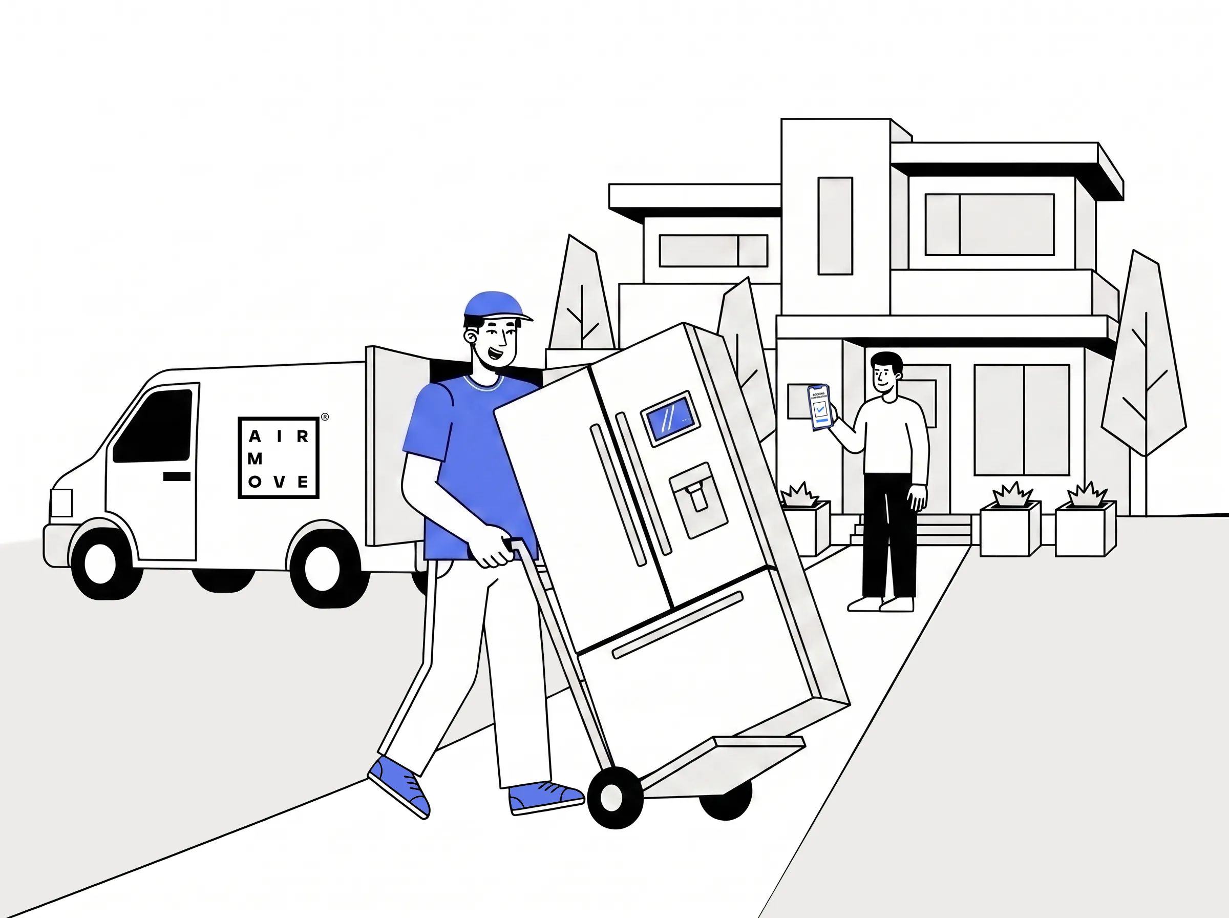 Mover pushing a refrigerator on a trolley out of a delivery van