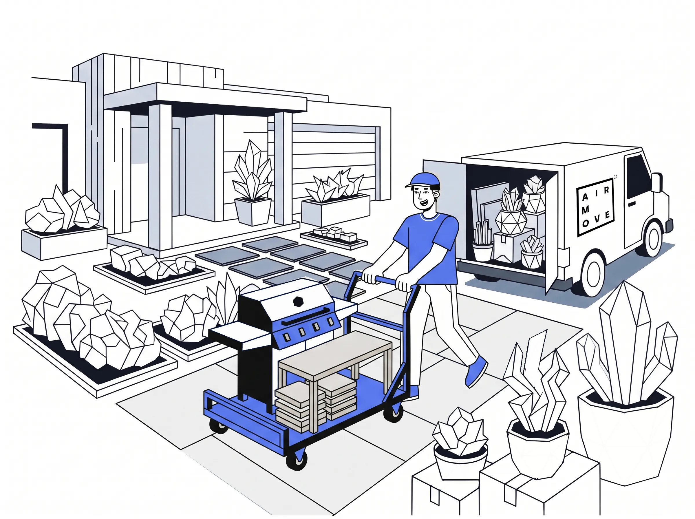 Mover carrying outdoor garden furniture and pots during a delivery