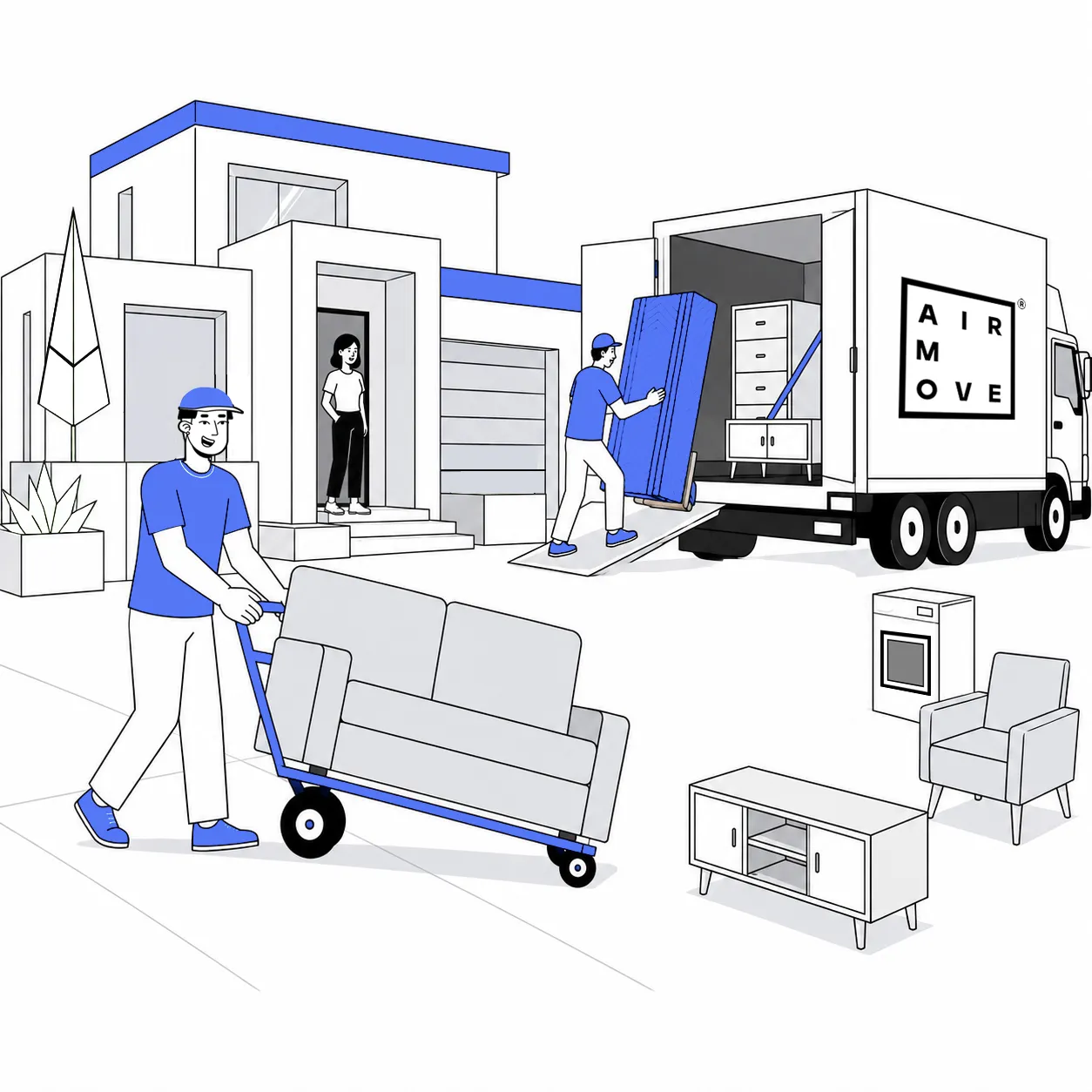 Home removalist carrying furniture out of a house during a move