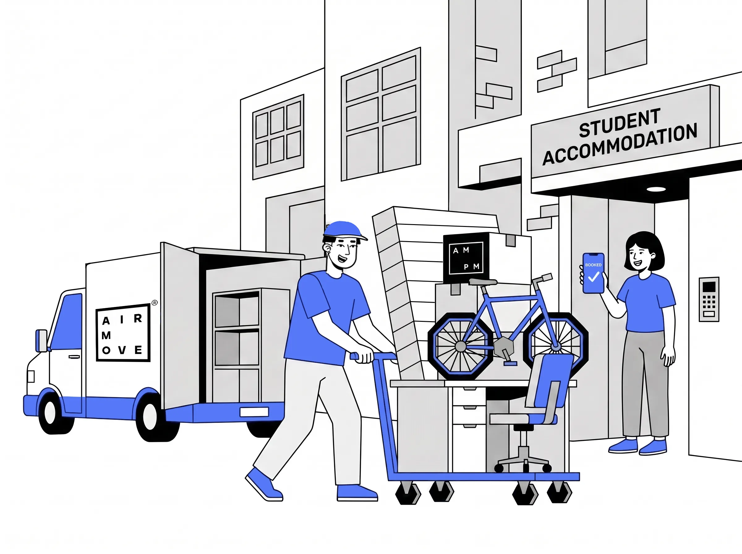 Mover carrying boxes and a bicycle out of a share house during a student move