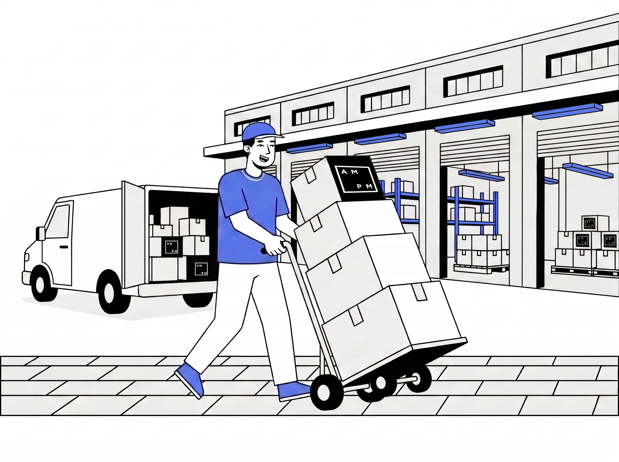 Workers moving industrial shelving and equipment during a warehouse relocation