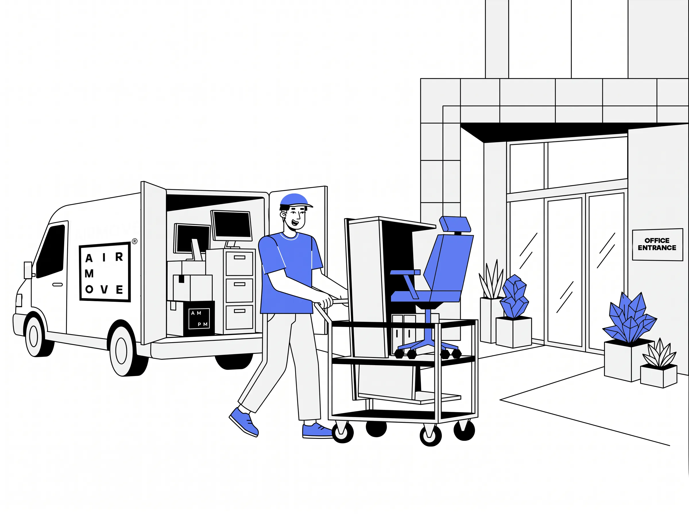 Movers relocating office furniture and equipment during a business move