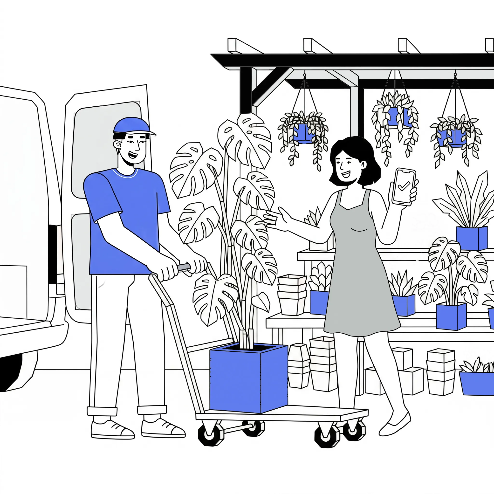 Delivery driver handing potted plants to a customer at their door