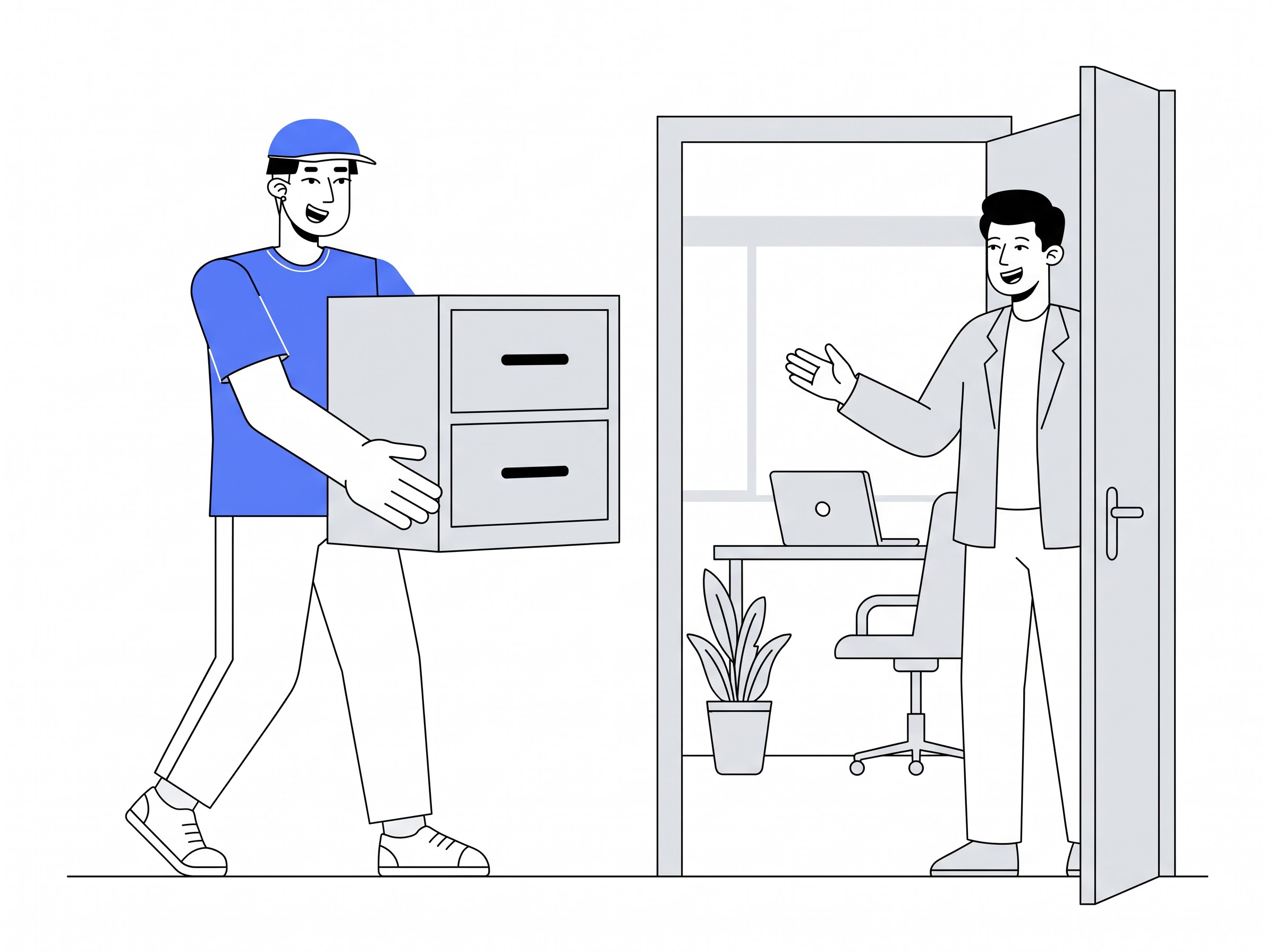 Delivery partner moving a 2 drawer filing cabinet into a home