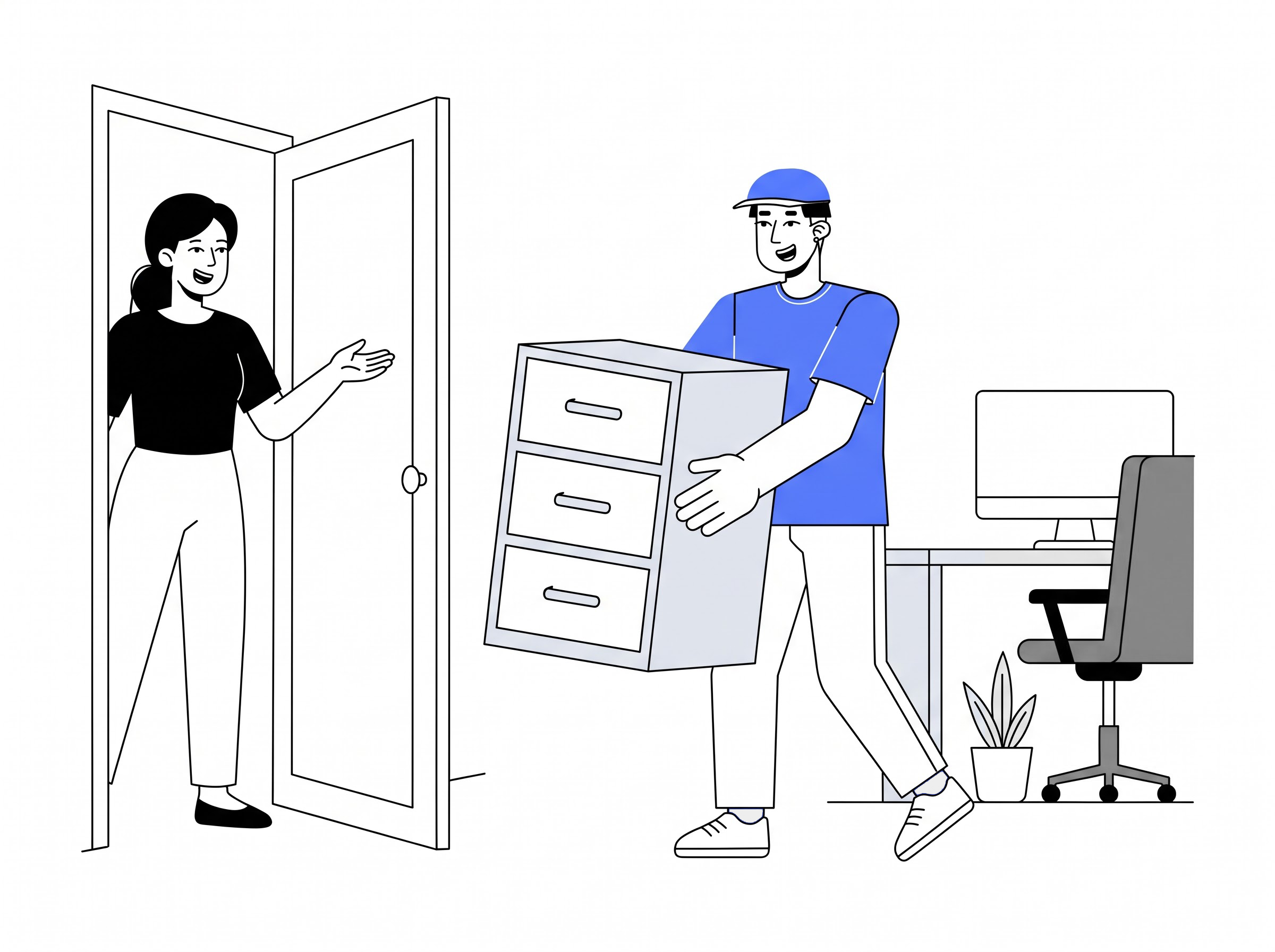 Delivery partner moving a 3 drawer filing cabinet into a home
