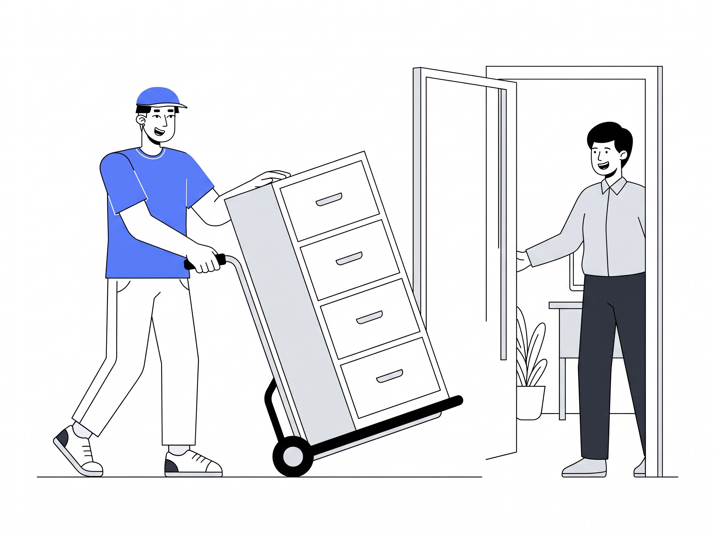 Delivery partner moving a 4 drawer filing cabinet into a home