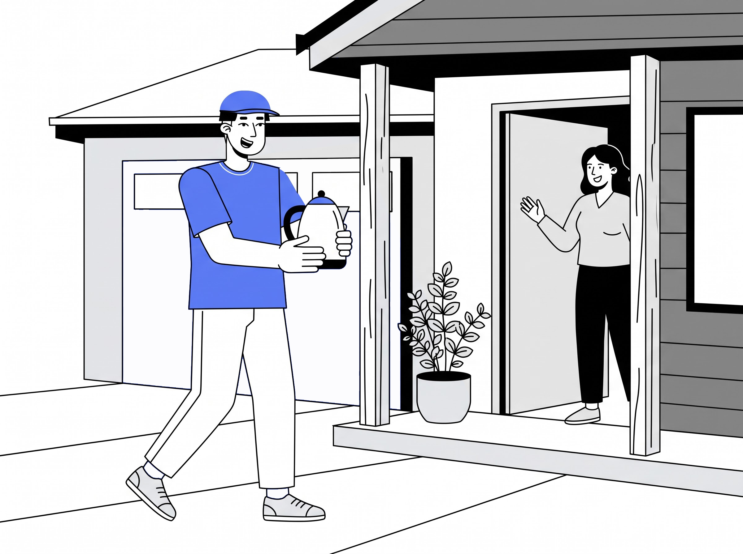 Delivery partner carrying a kettle to a home for adhoc item delivery