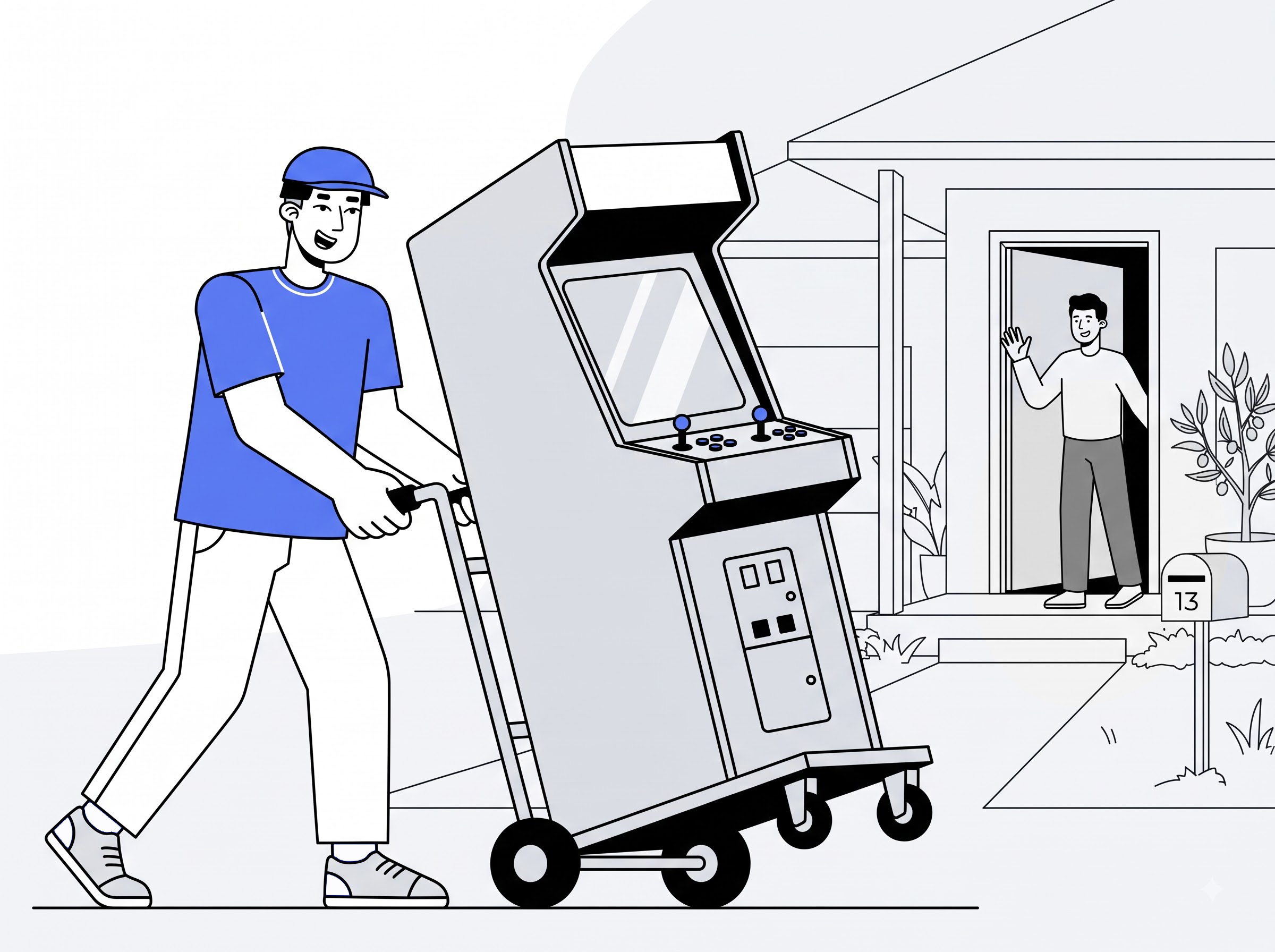 Delivery partner moving an arcade machine on a trolley to a home