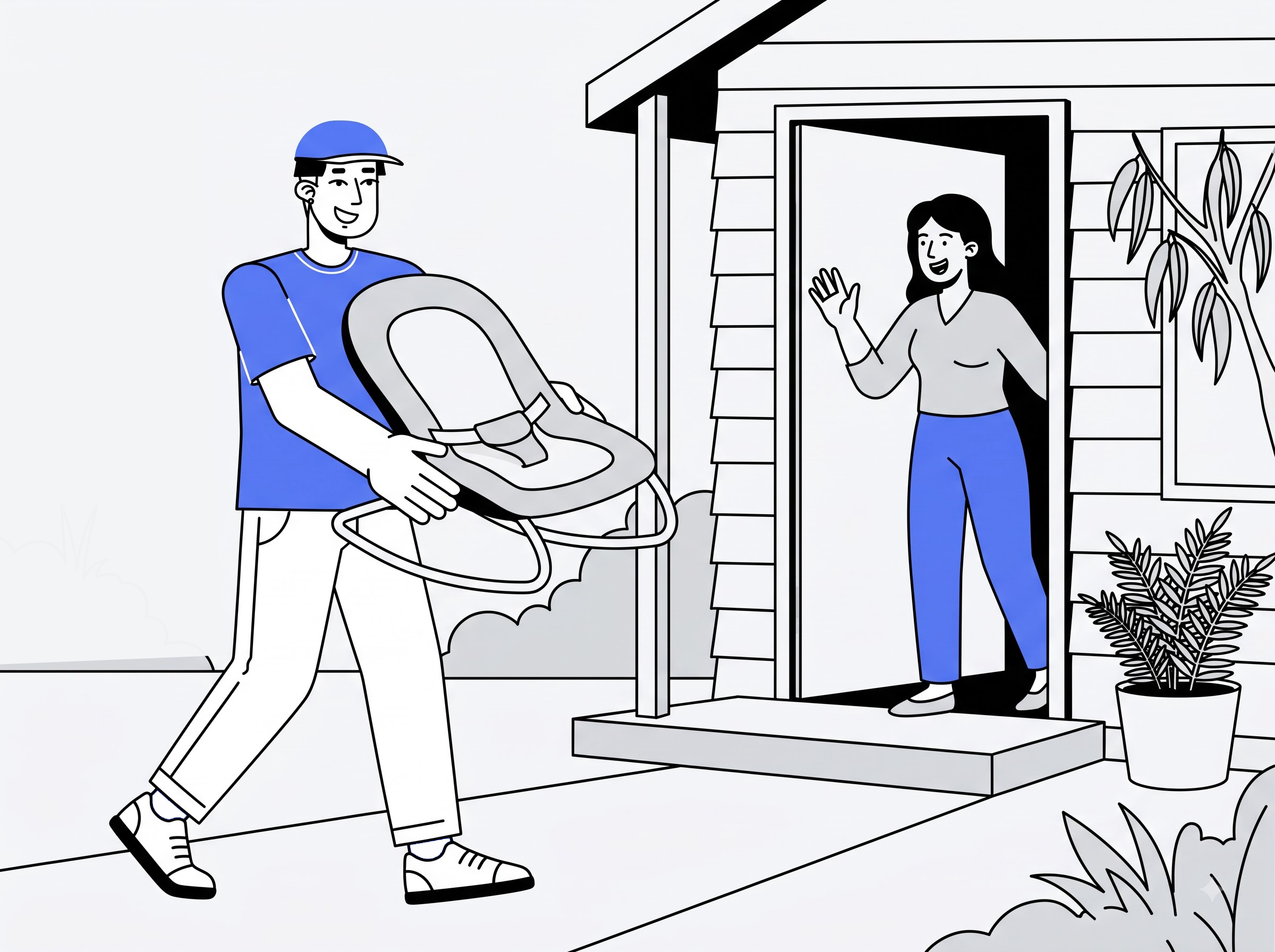 Delivery partner carrying a baby bouncer to a home for baby bouncer delivery
