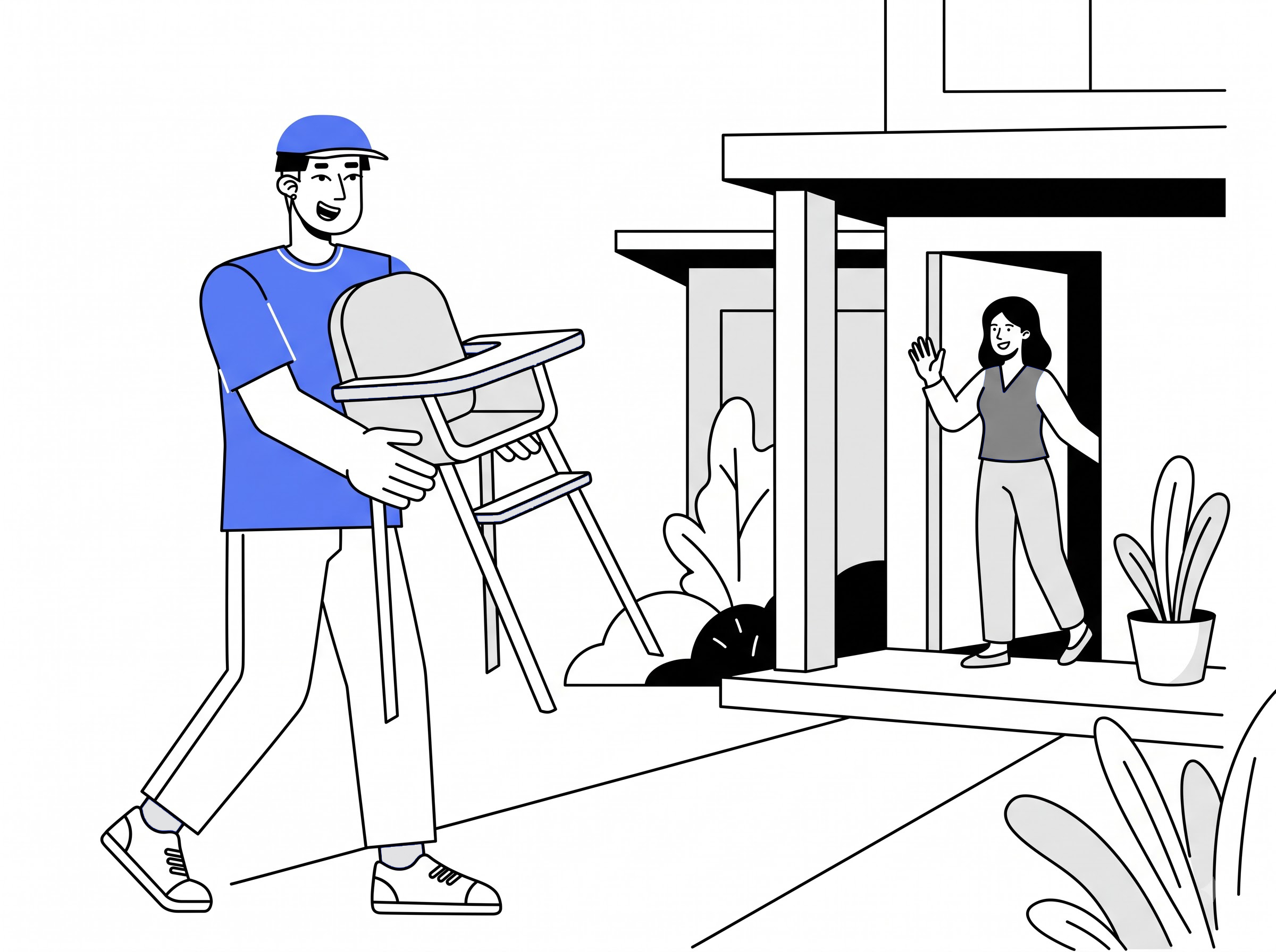 Delivery partner carrying a baby high chair to a home for high chair delivery