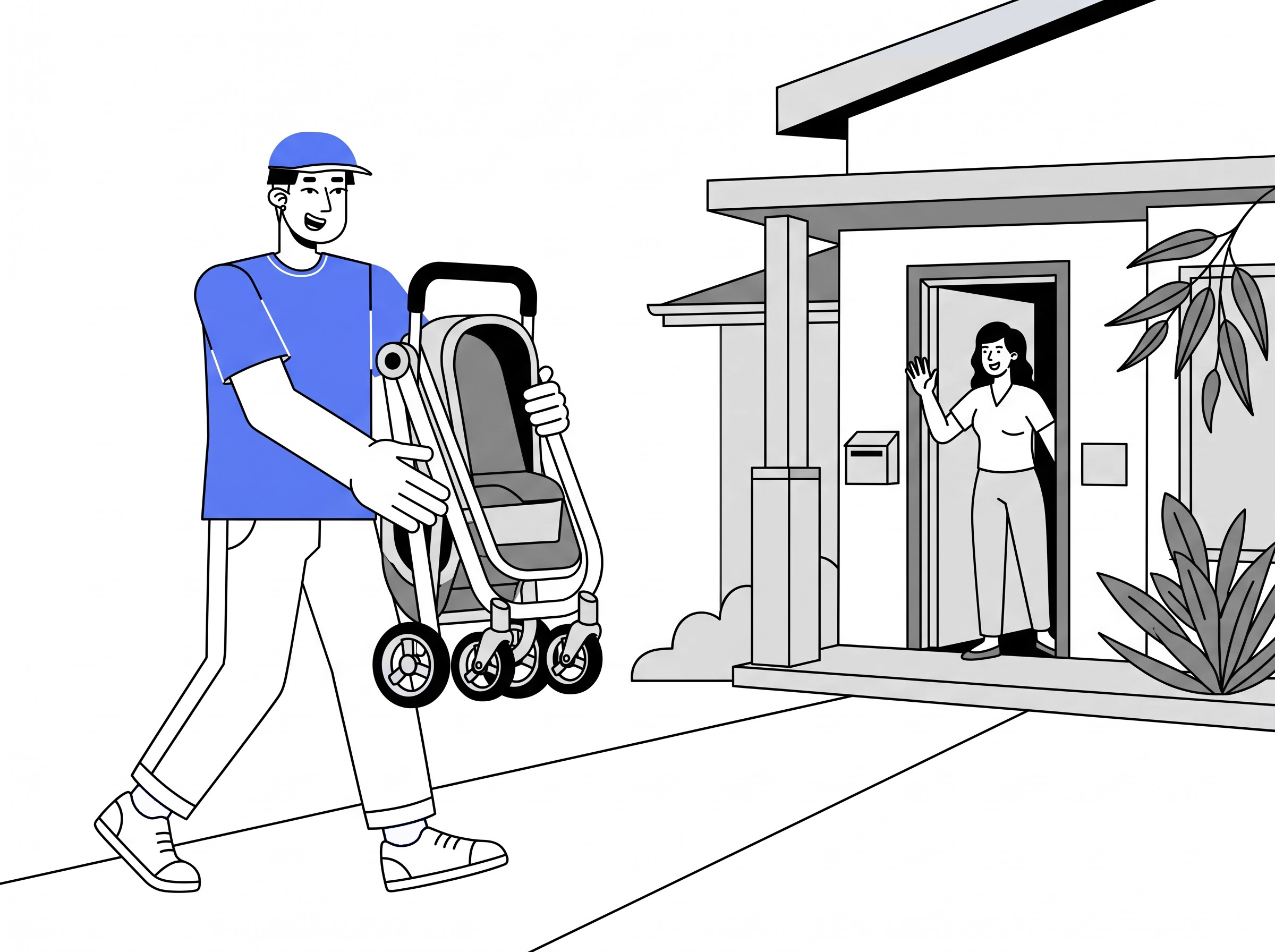 Delivery partner carrying a folded baby pram to a home for pram delivery