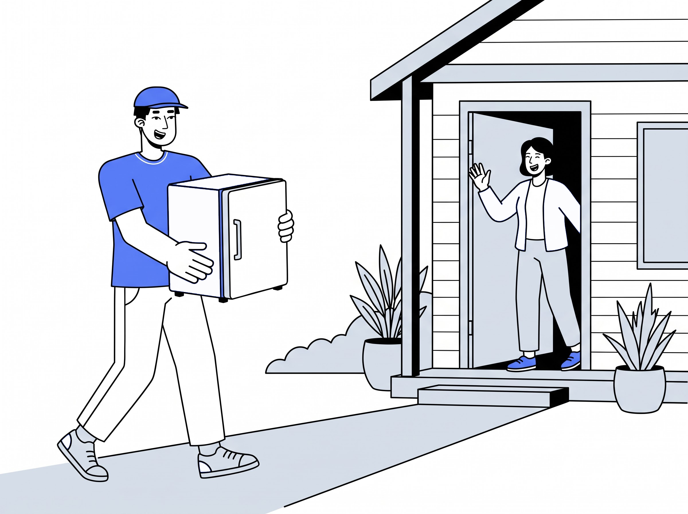 Delivery partner moving a bar fridge into a home