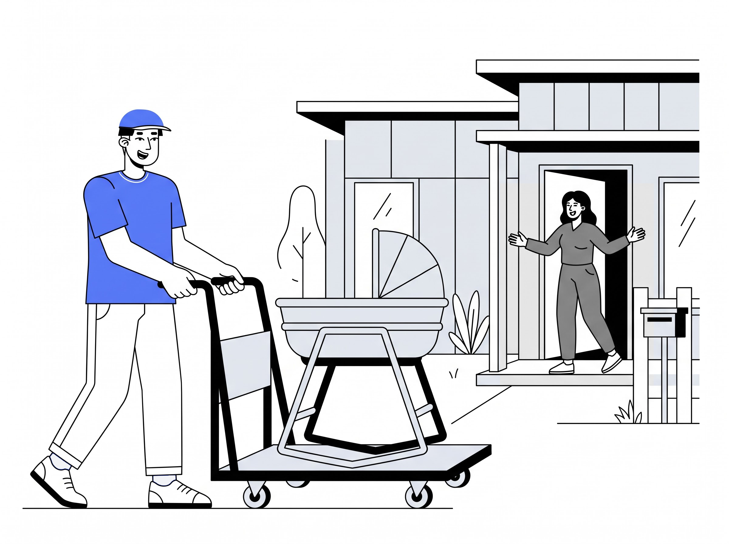 Delivery partner moving a bassinet and stand on a trolley to a home