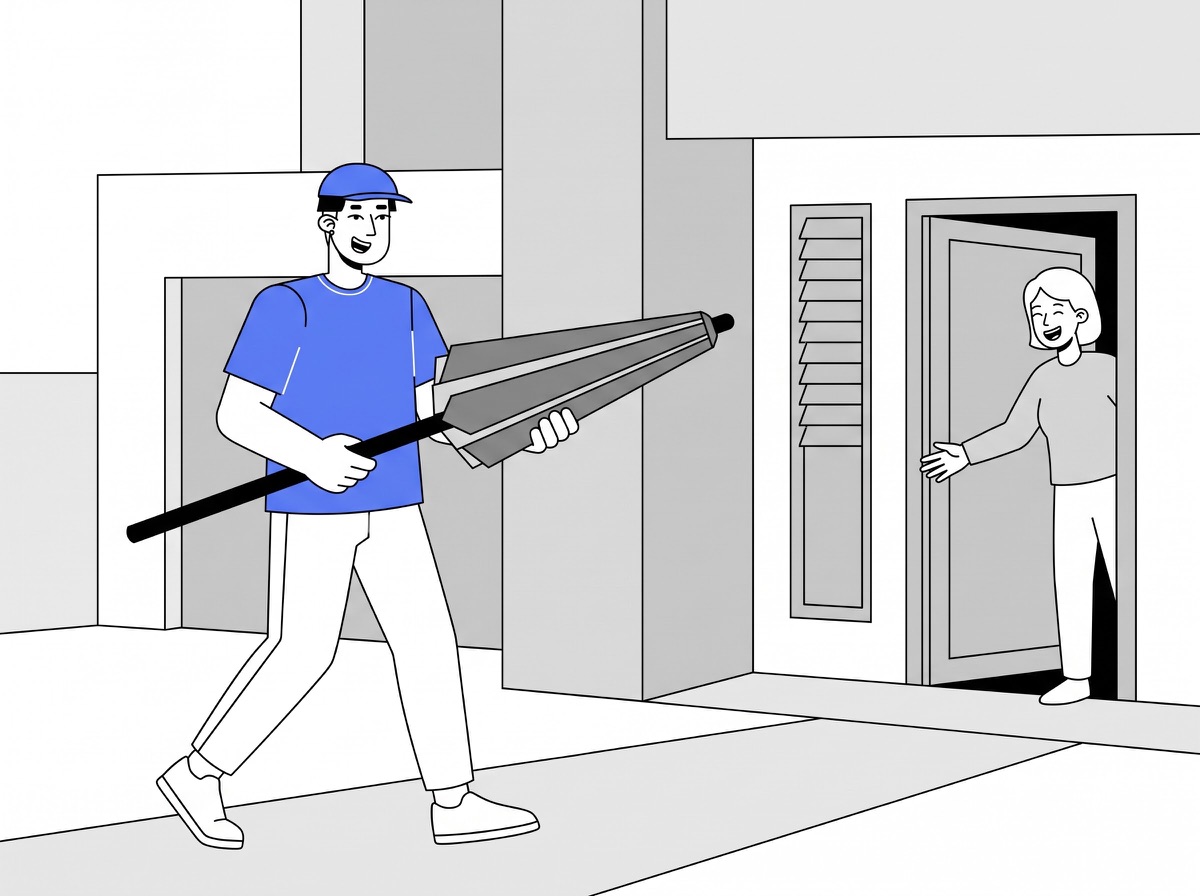 Delivery partner carrying a beach umbrella to a home for beach umbrella delivery
