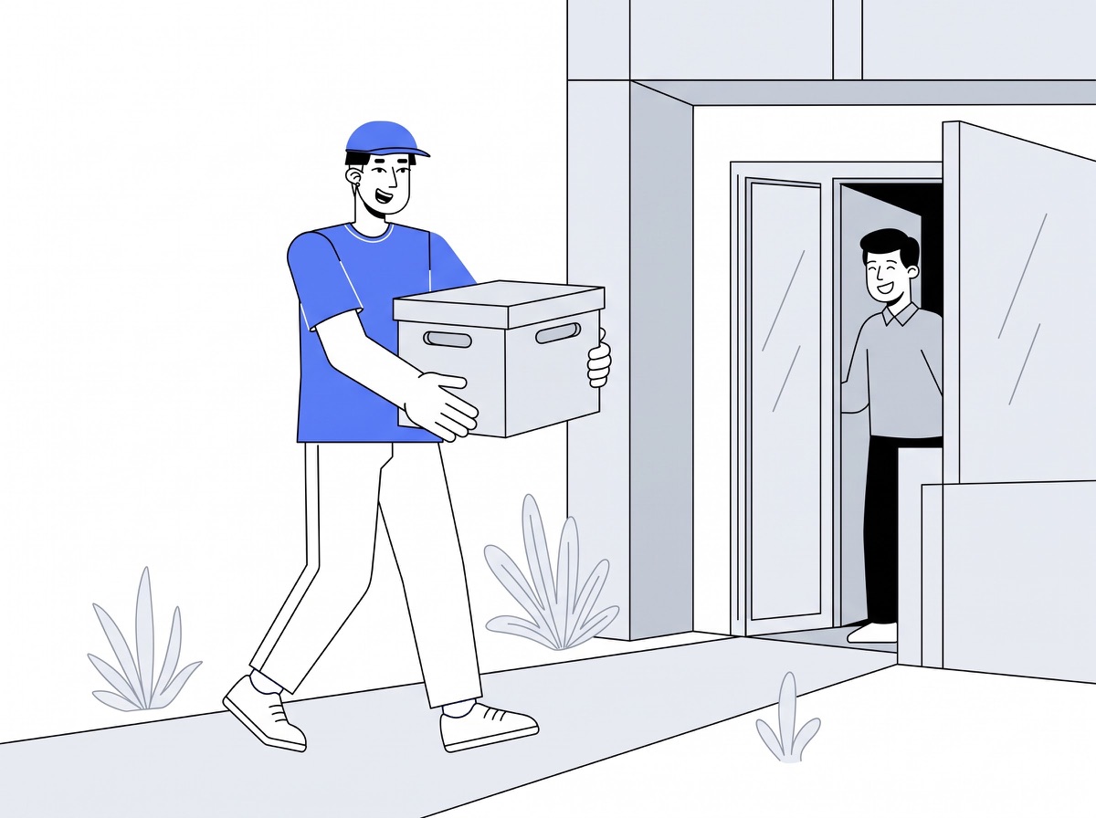 Delivery partner carrying a lidded storage box to a home for blanket and toy box delivery