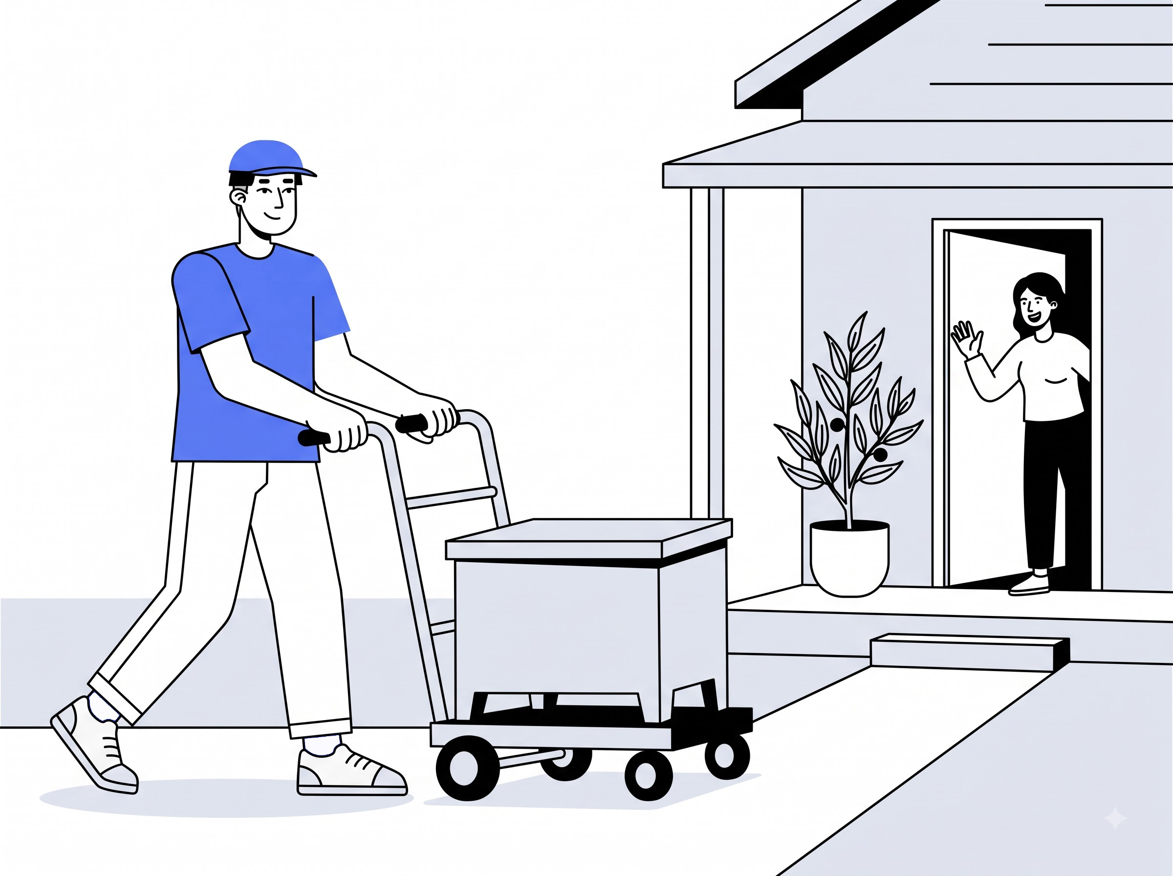Delivery partner moving a blanket box on a trolley to a home