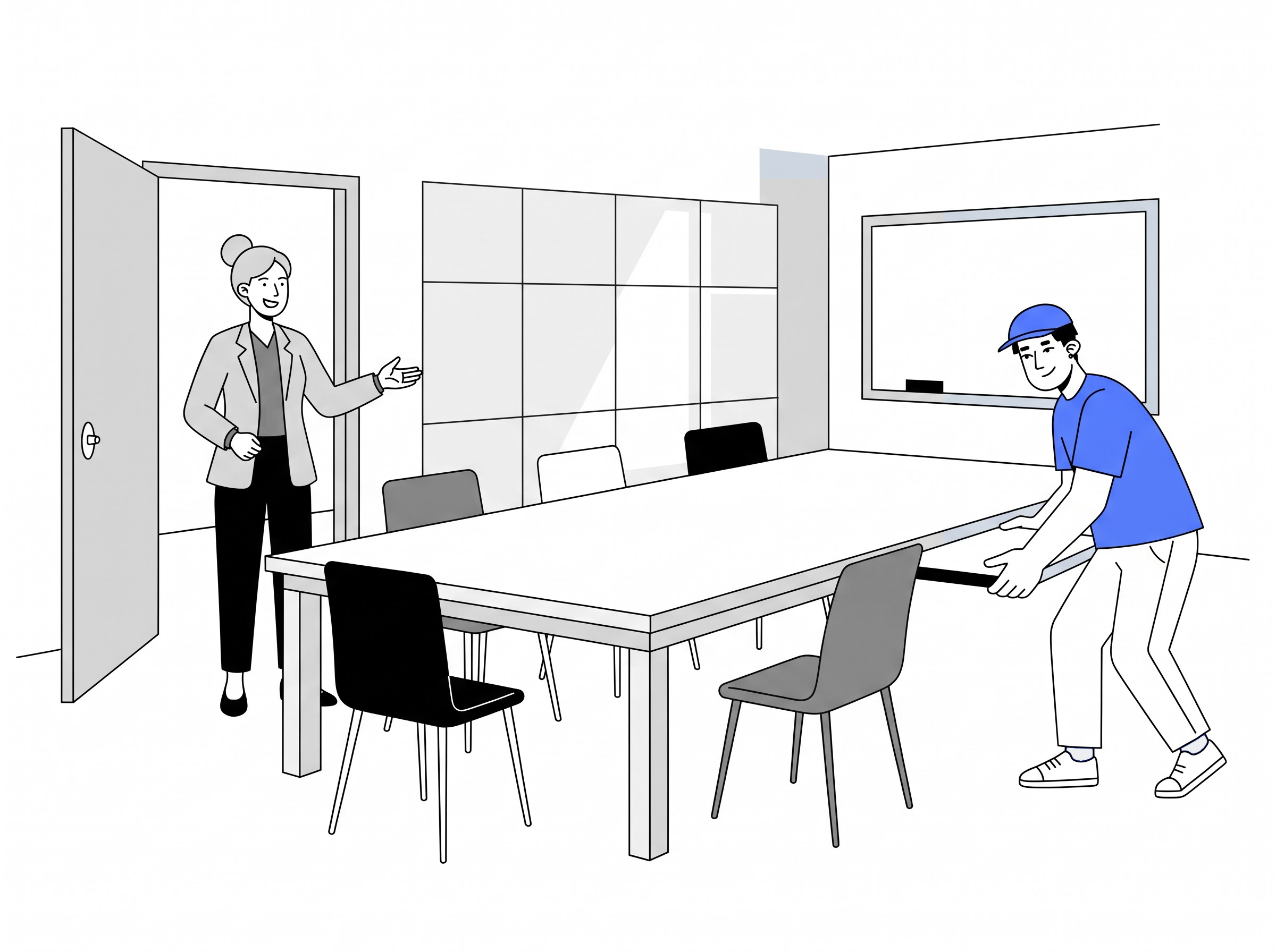 Delivery partner moving a boardroom table into a home