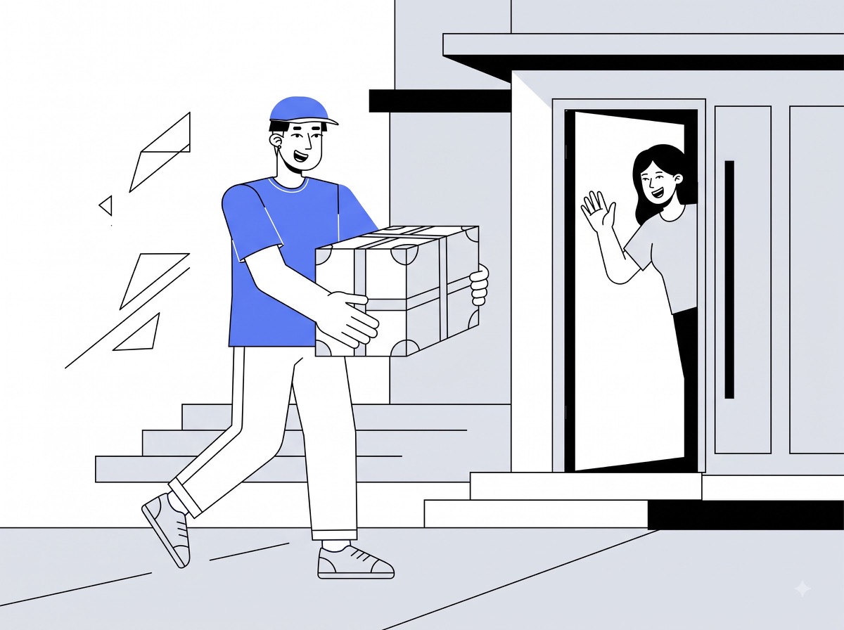 Delivery partner carrying a book and wine carton to a home for book and wine carton delivery