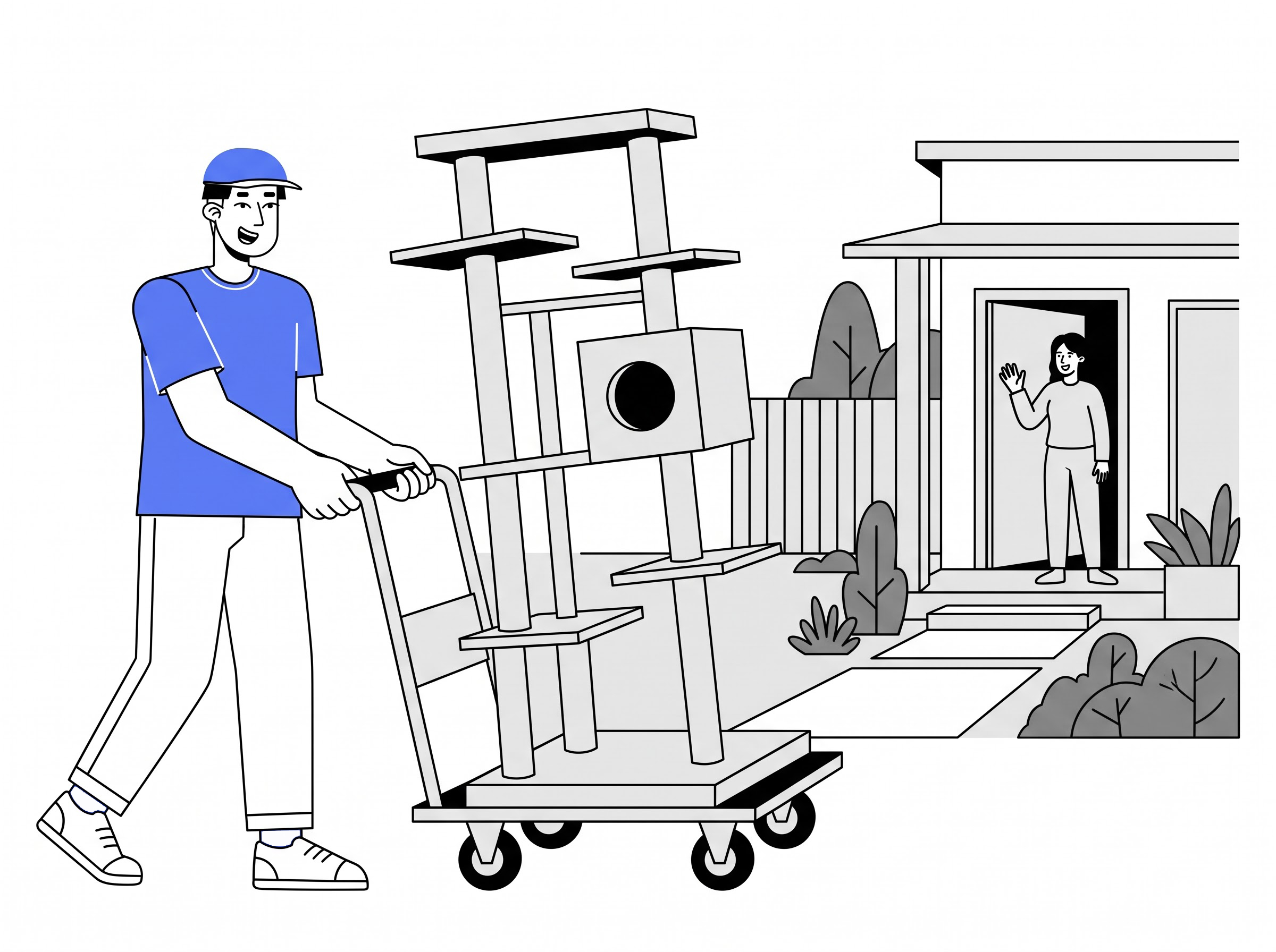 Delivery partner moving a cat tree on a trolley to a home