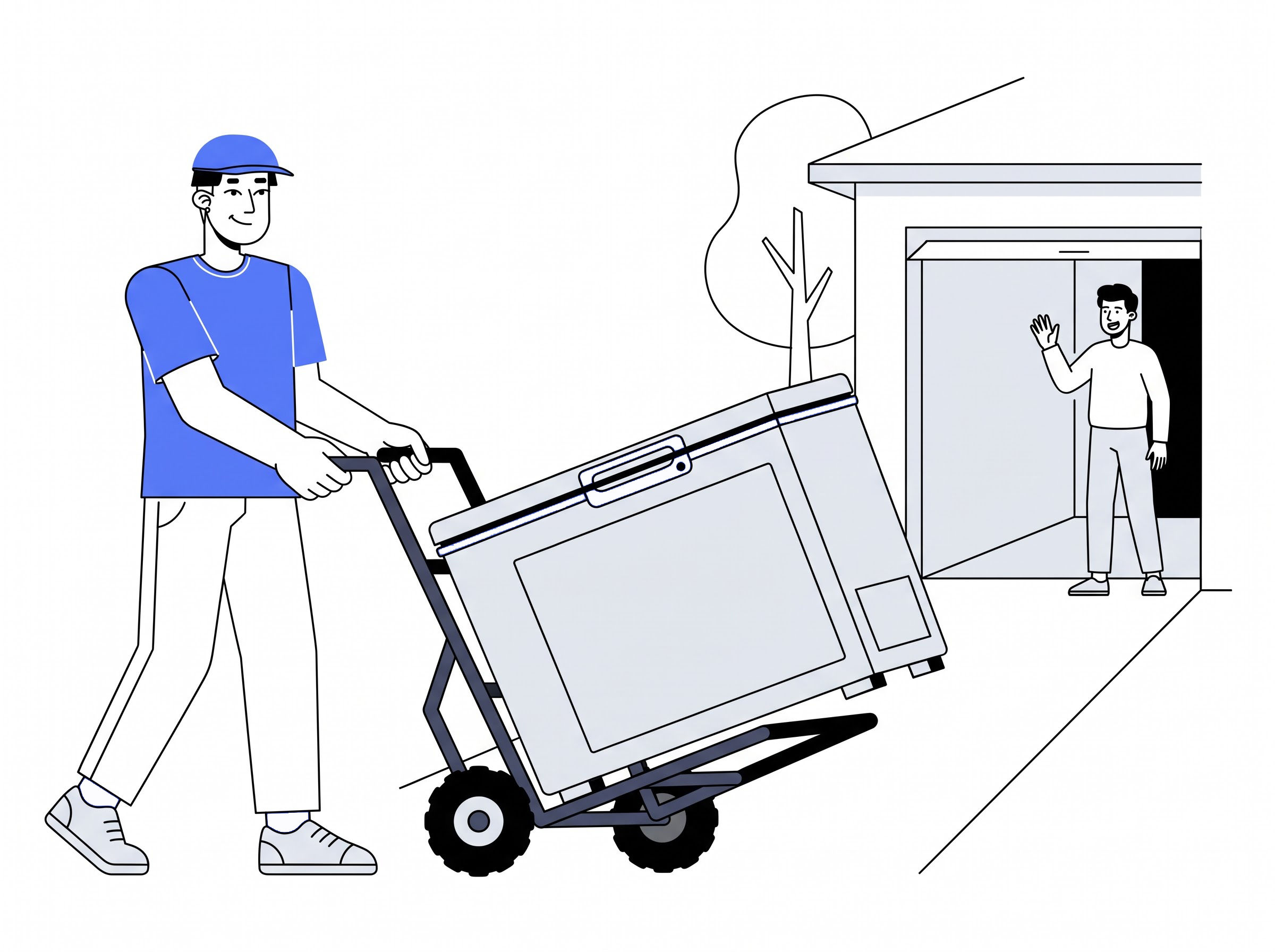 Delivery partner moving a chest freezer into a home