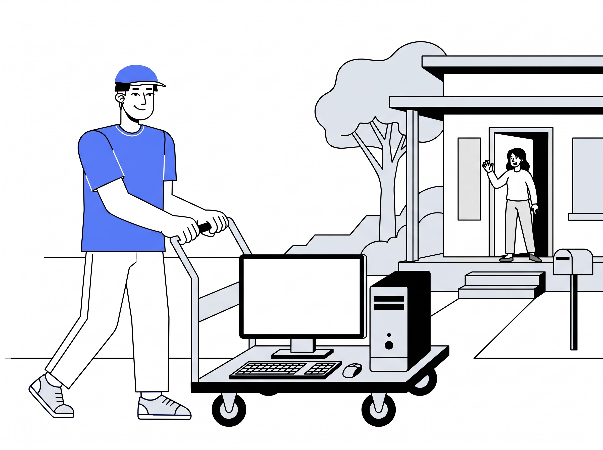 Delivery partner moving a computer set into a home