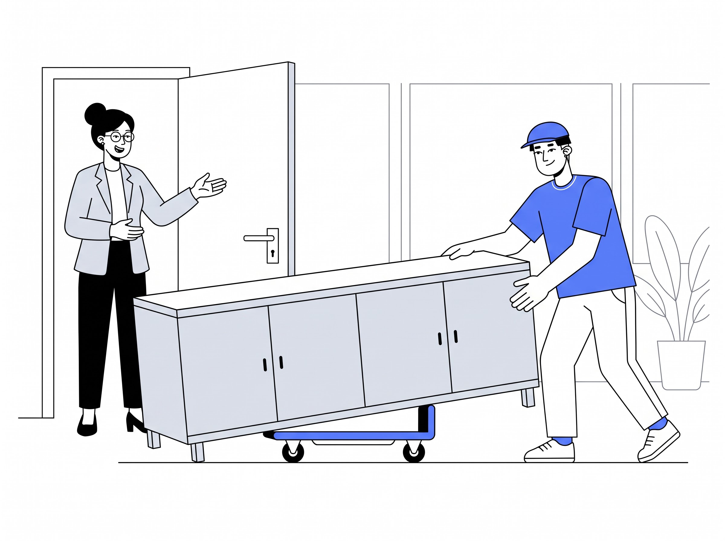Delivery partner moving a credenza into a home