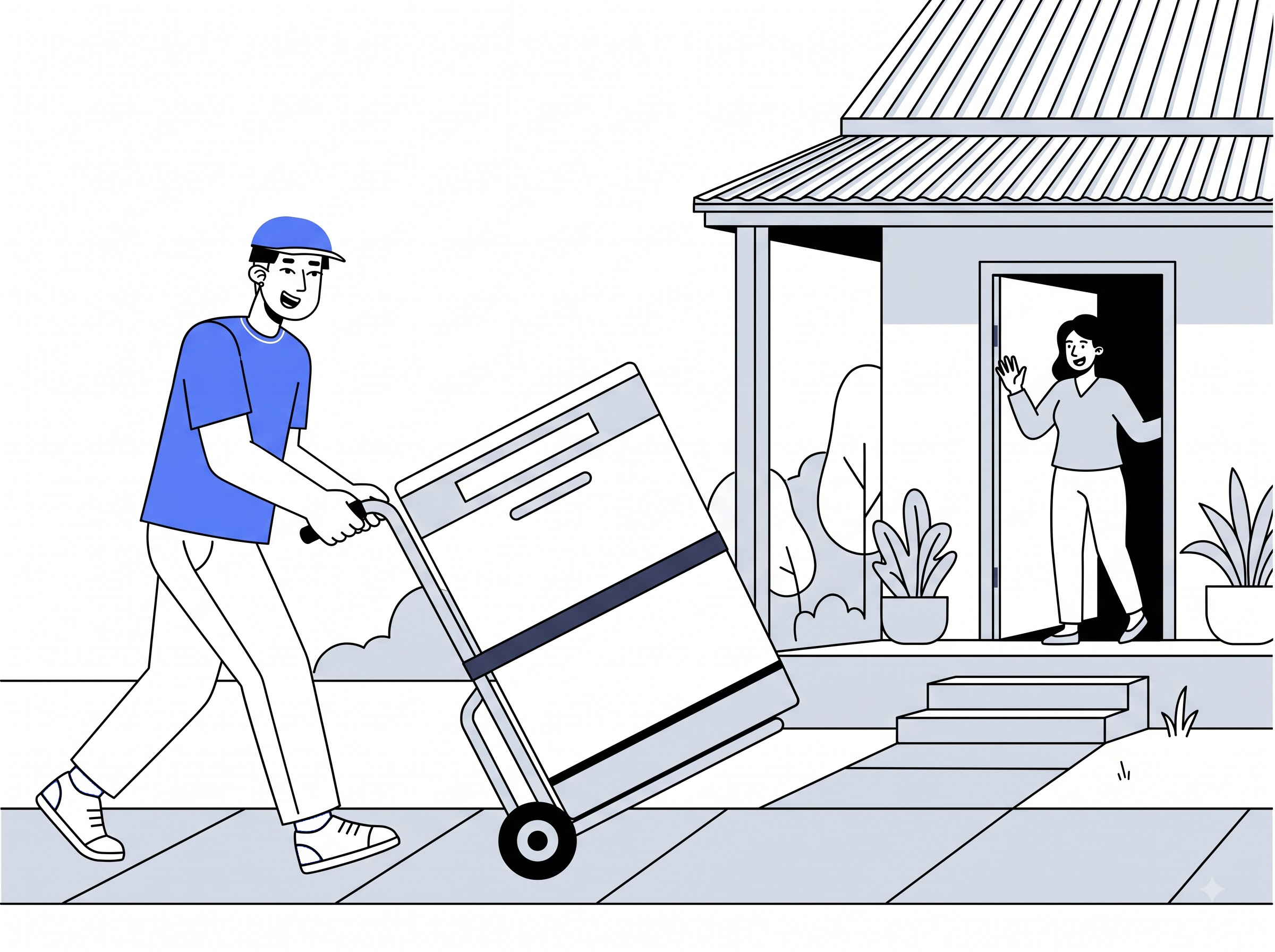 Delivery partner moving a dishwasher into a home
