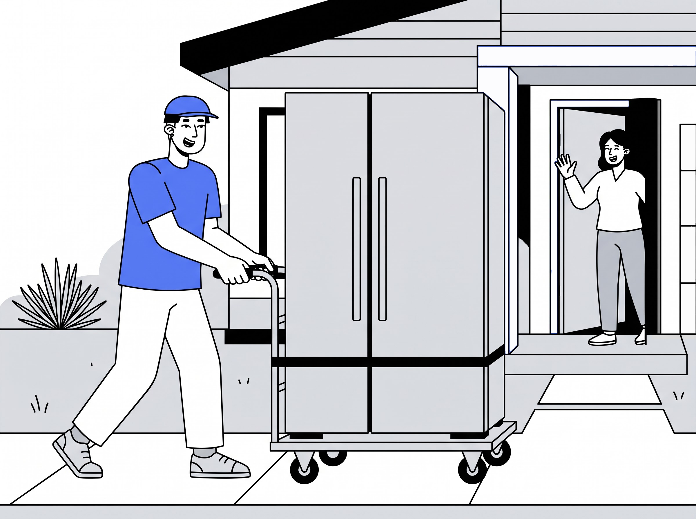 Delivery partner moving a double side-by-side door fridge into a home