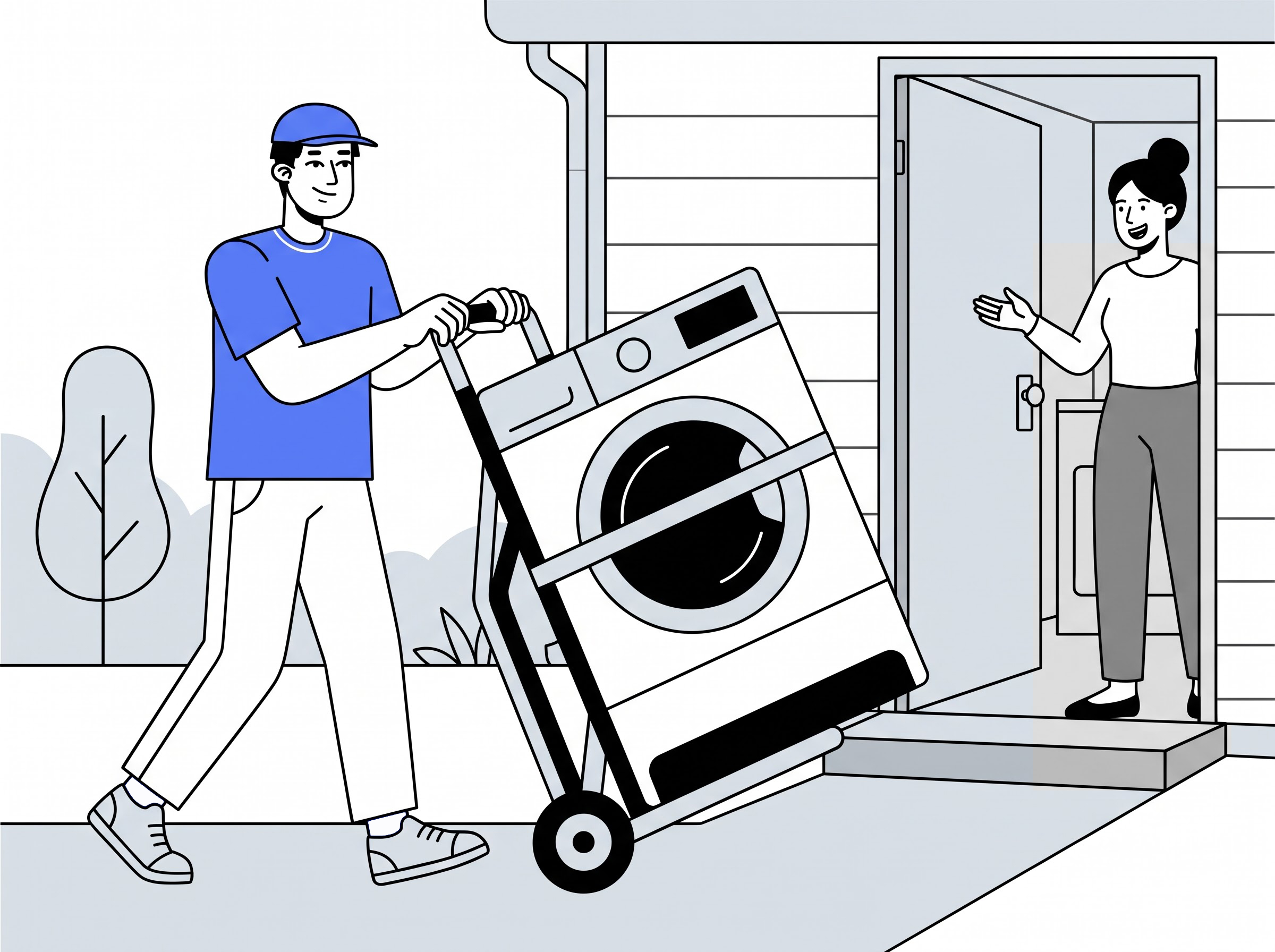 Delivery partner moving a dryer into a home