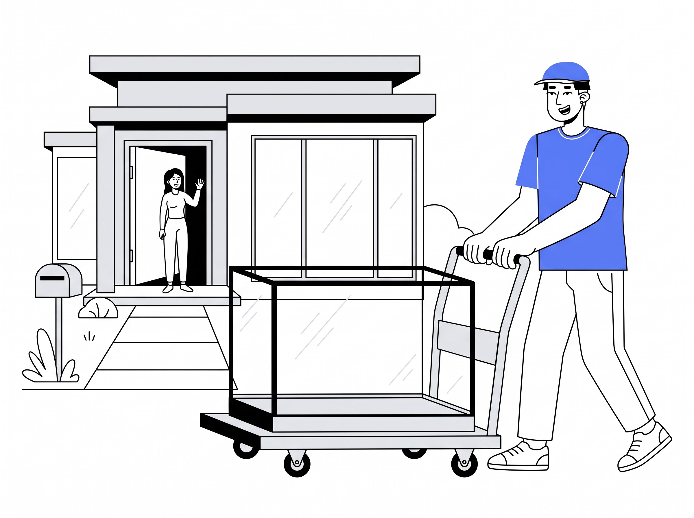 Delivery partner moving a glass fish tank on a trolley to a home