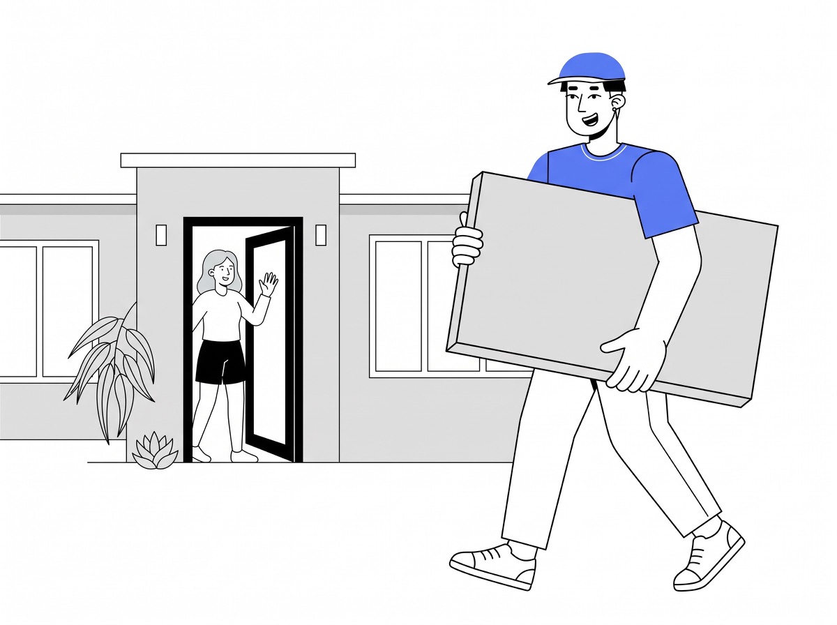 Delivery partner carrying a flat pack carton to a home for flat pack carton delivery