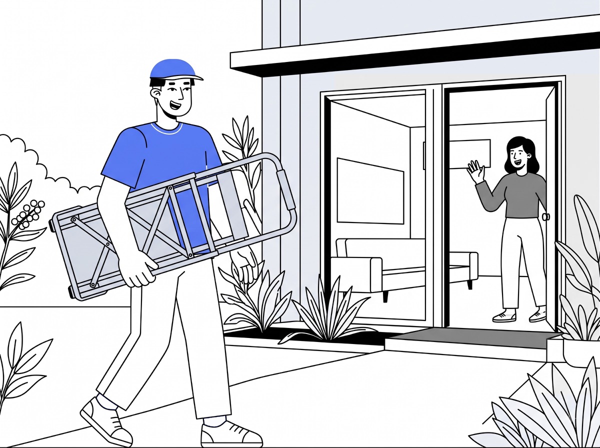 Delivery partner carrying a folded trolley to a home for foldable trolley delivery