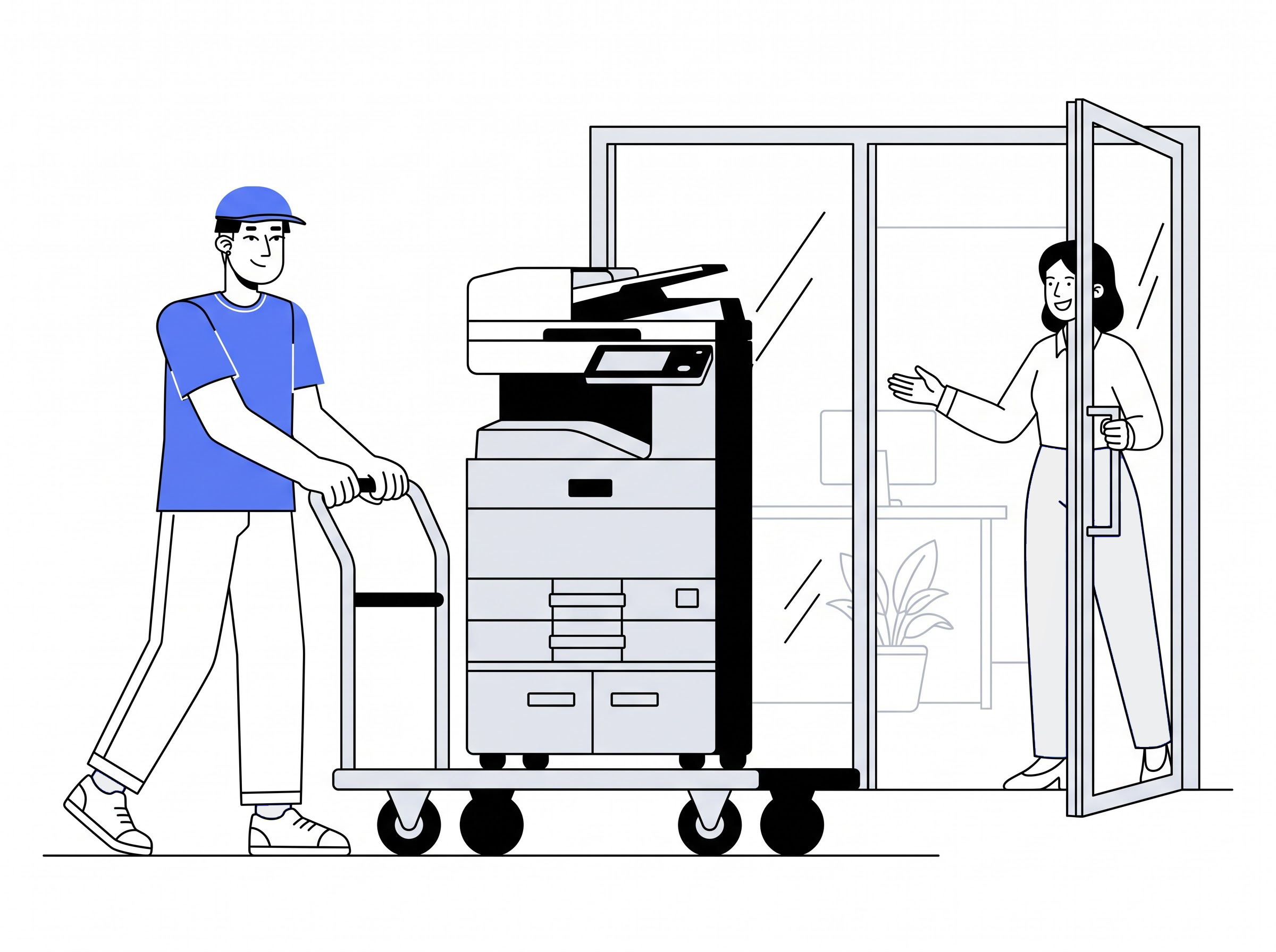 Delivery partner moving a free standing printer into a home