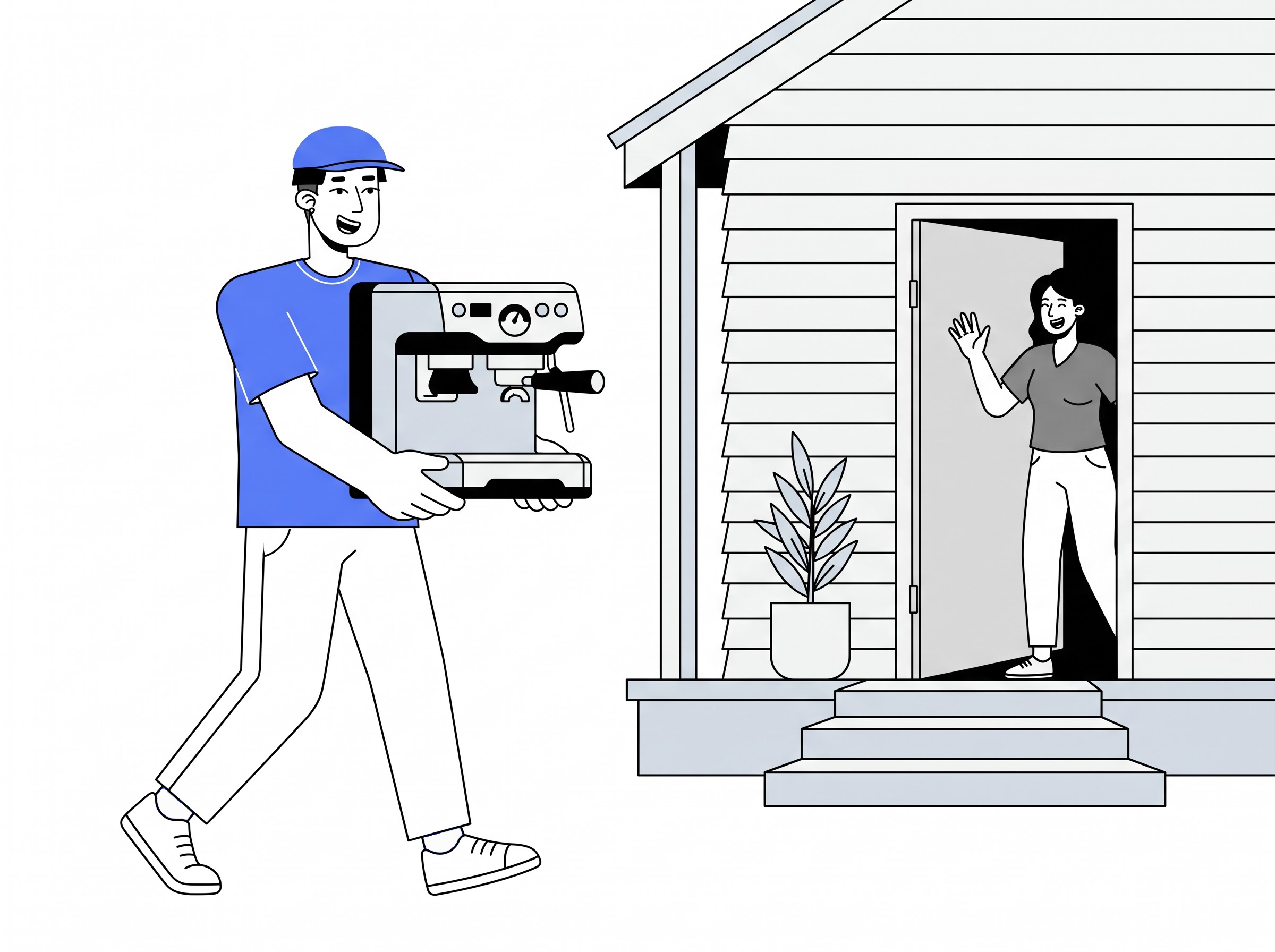 Delivery partner moving a household coffee machine into a home