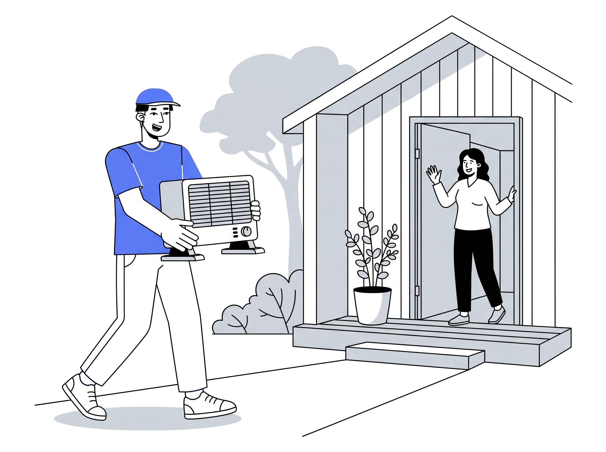 Delivery partner moving a household heater into a home