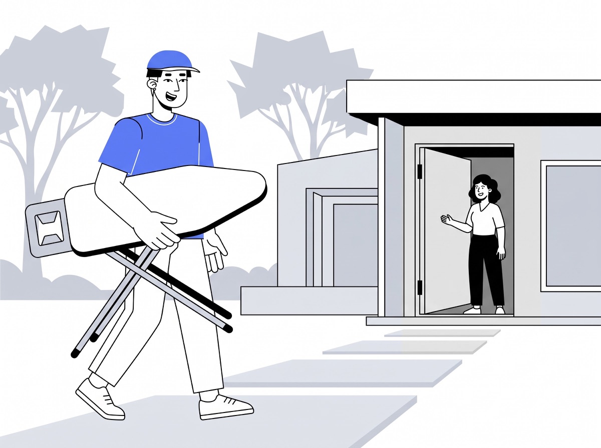 Delivery partner carrying an ironing board to a home for ironing board delivery