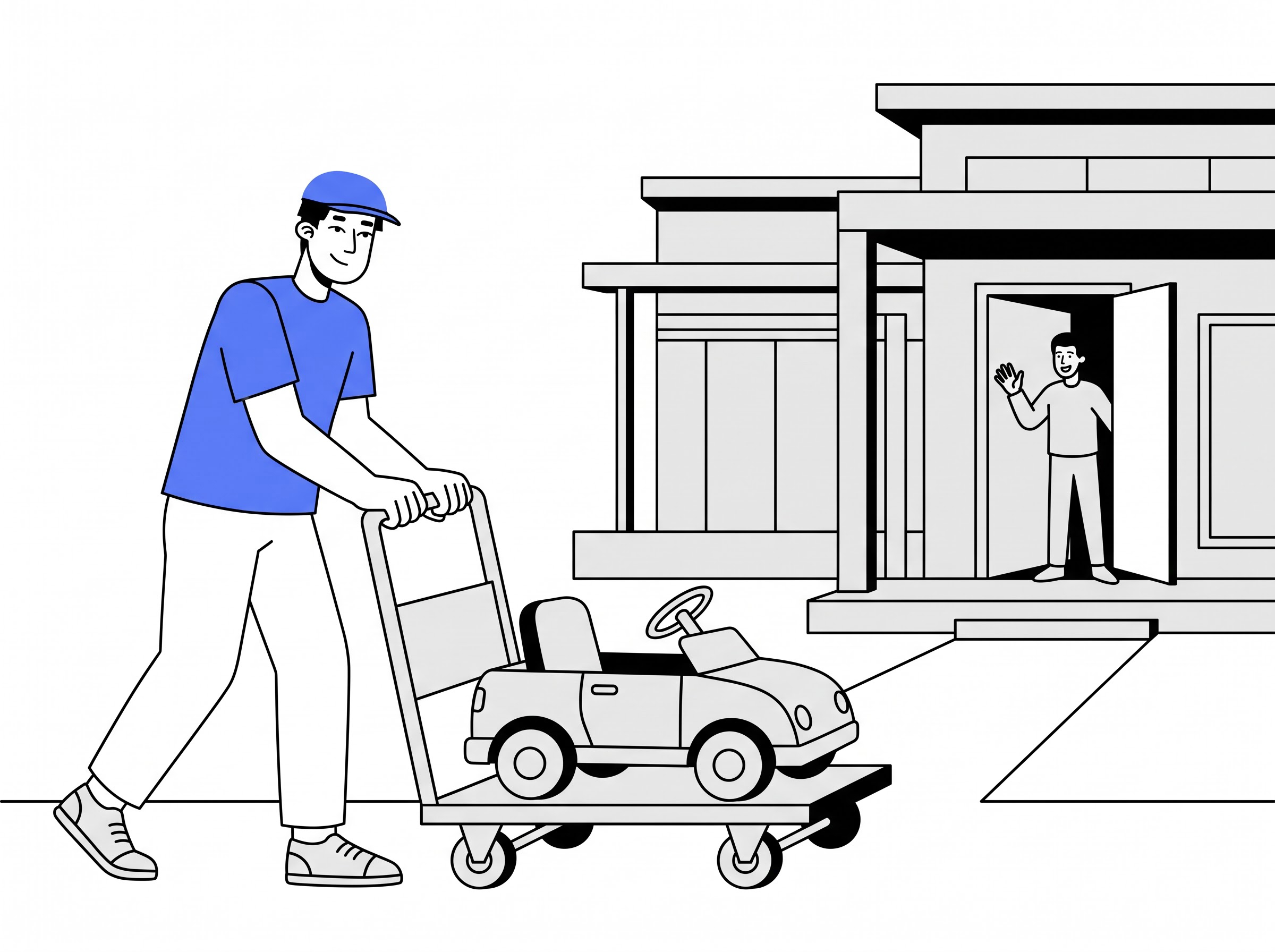 Delivery partner moving a kids ride on car on a trolley to a home
