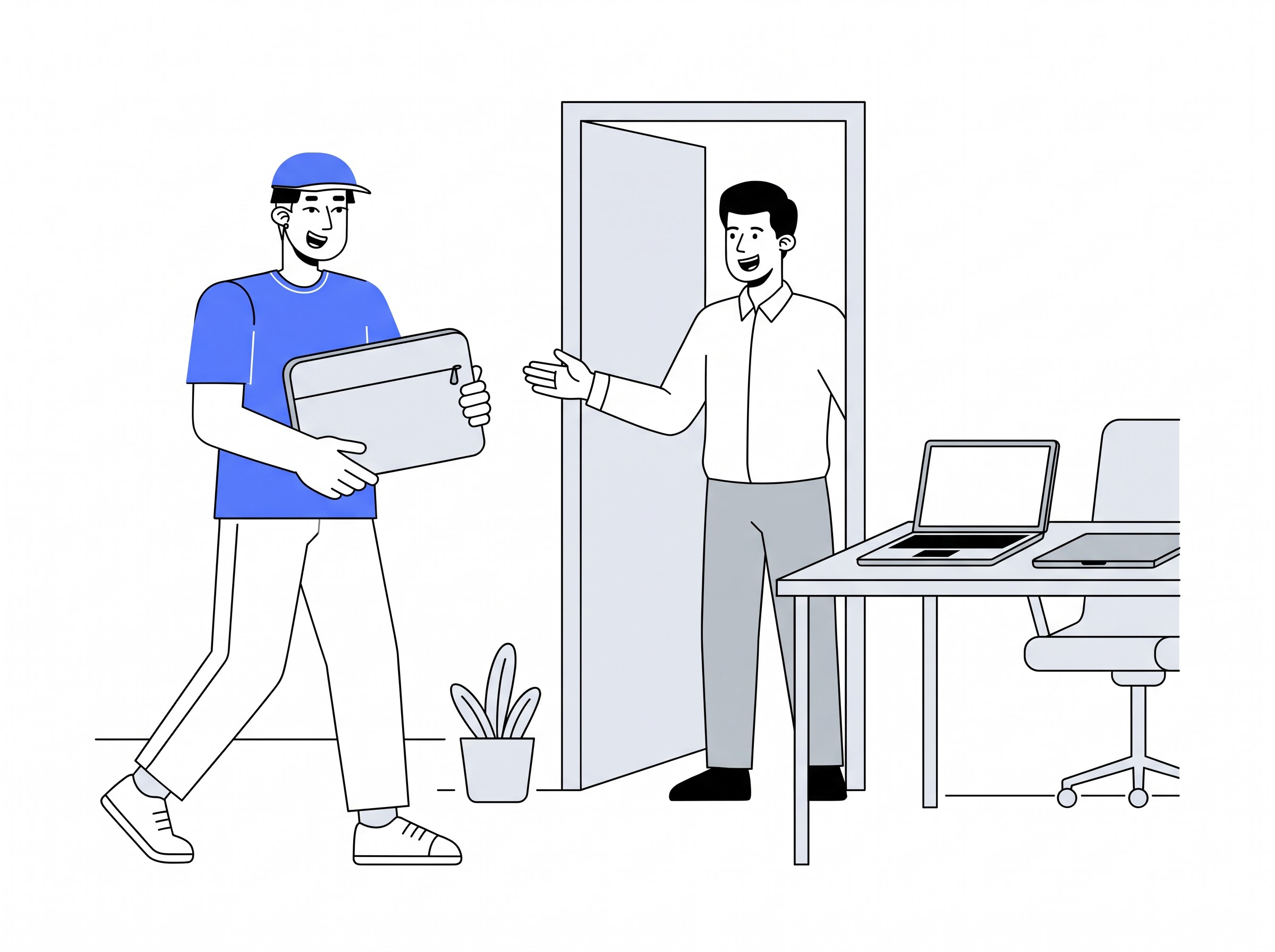 Delivery partner moving a laptop into a home