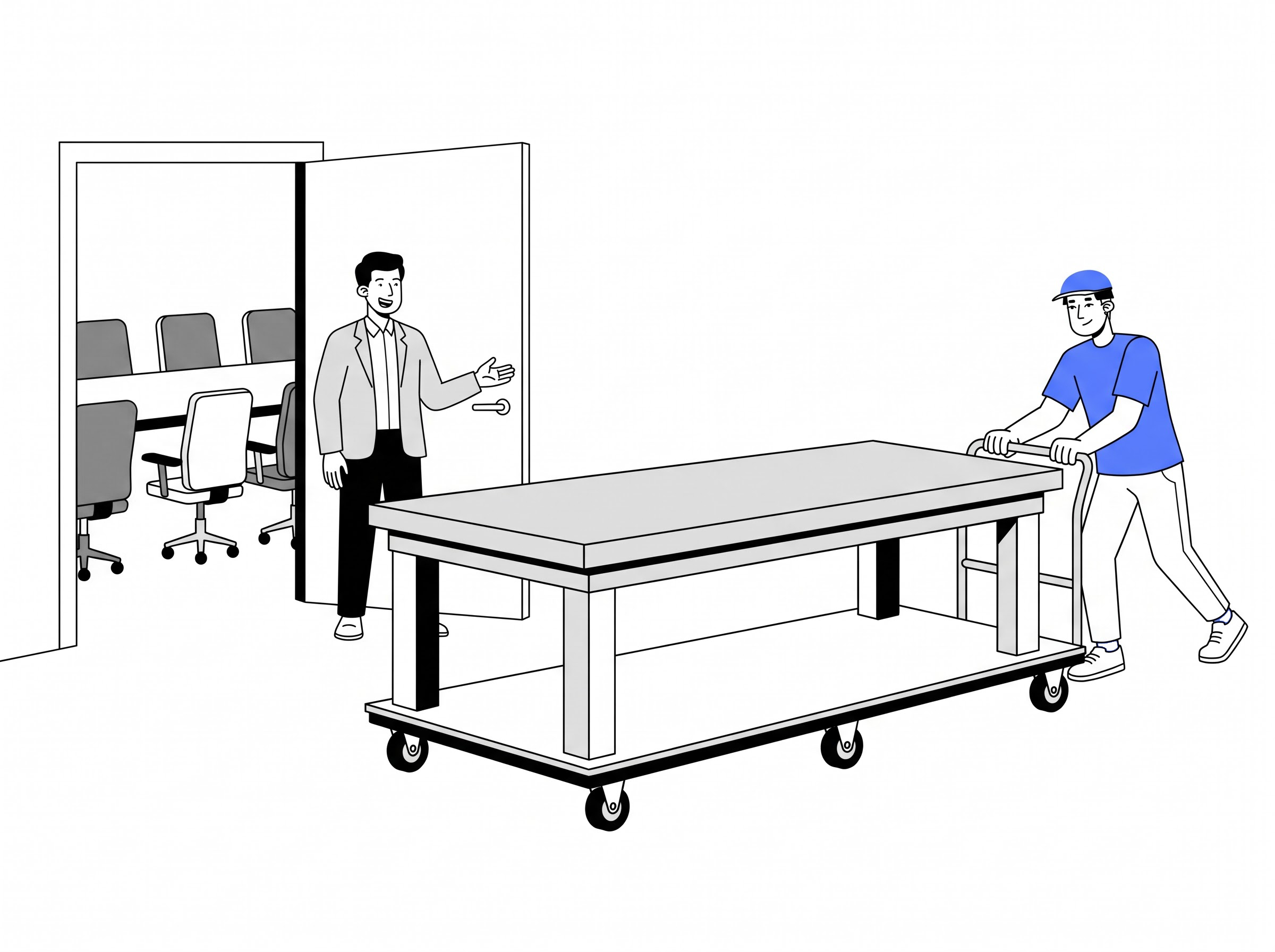 Delivery partner moving a large boardroom table into a home