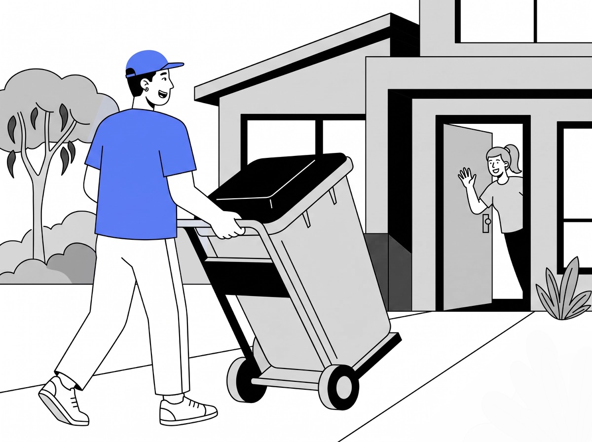 Delivery partner wheeling a large dustbin to a home for large dustbin delivery