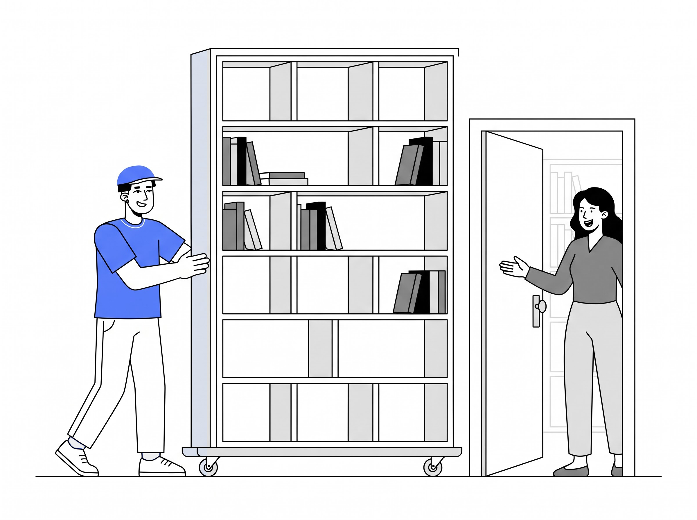 Delivery partner moving a large library bookcase into a home