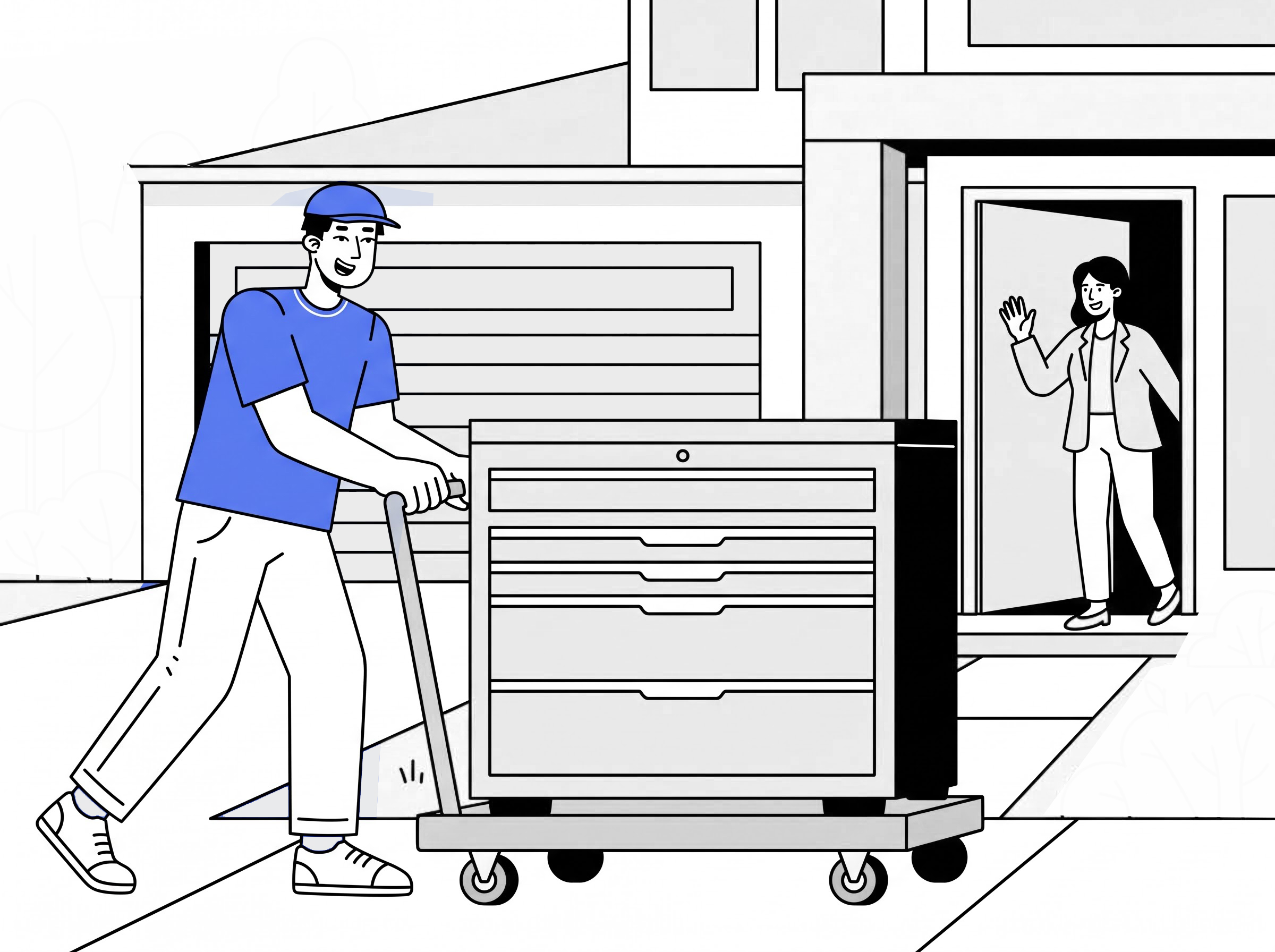 Delivery partner moving a large toolbox on a trolley to a home