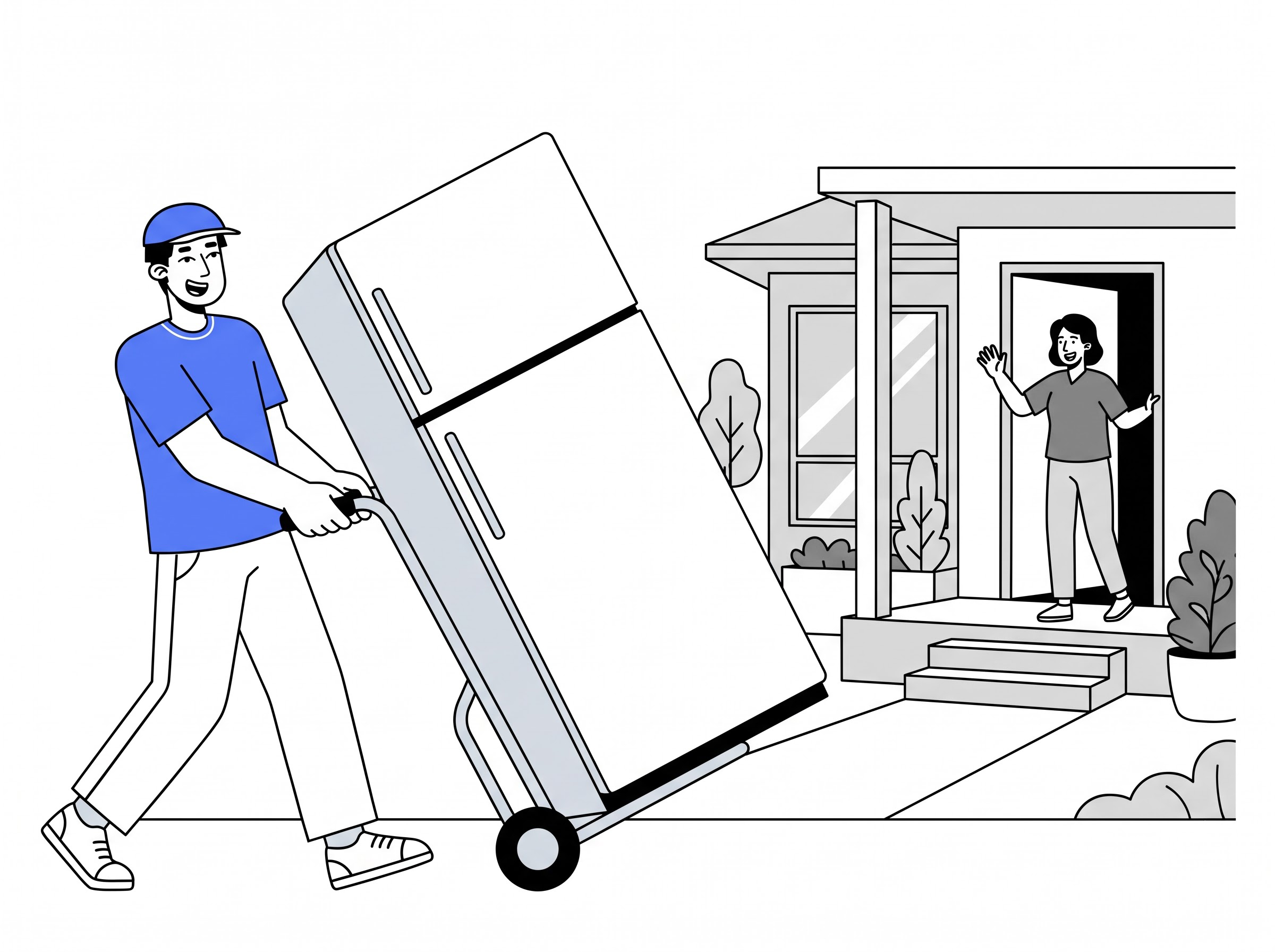 Delivery partner moving a large two-door fridge into a home