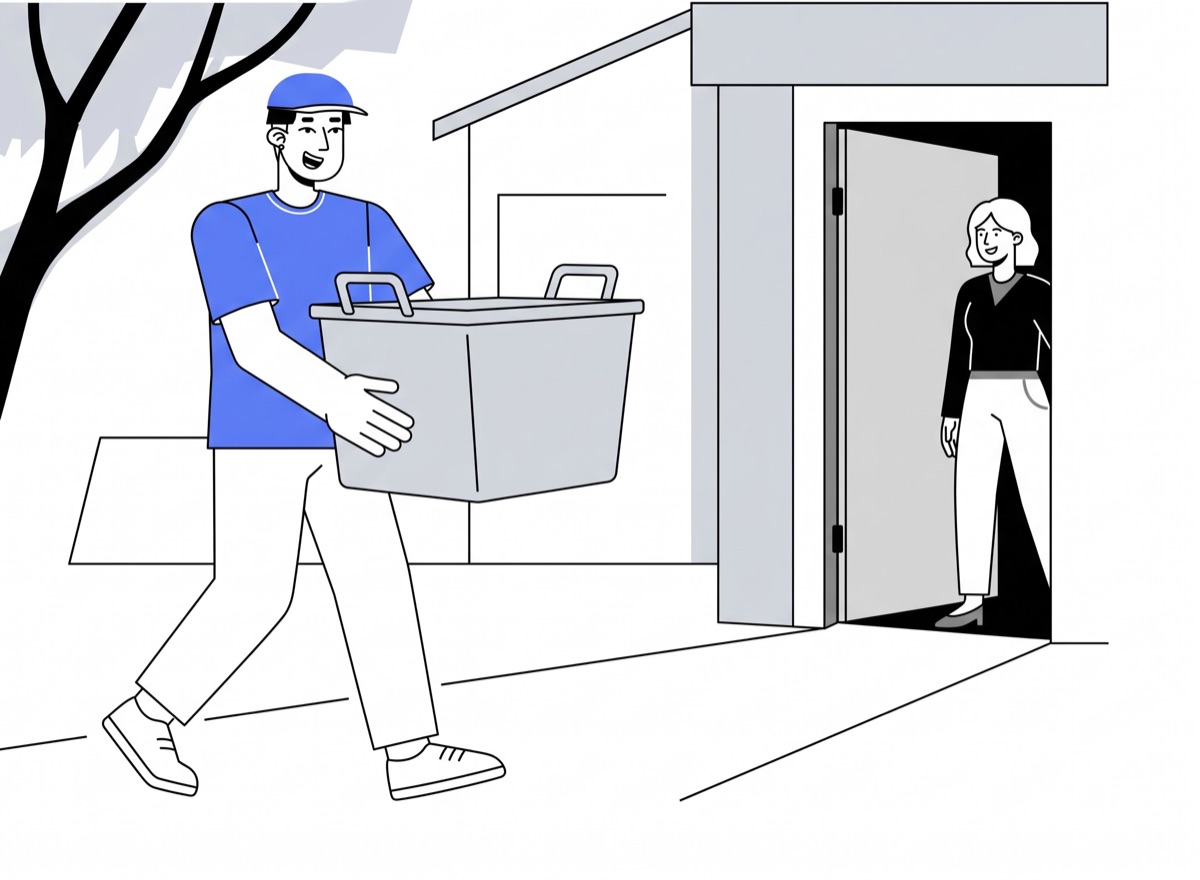 Delivery partner carrying a laundry basket to a home for laundry basket delivery