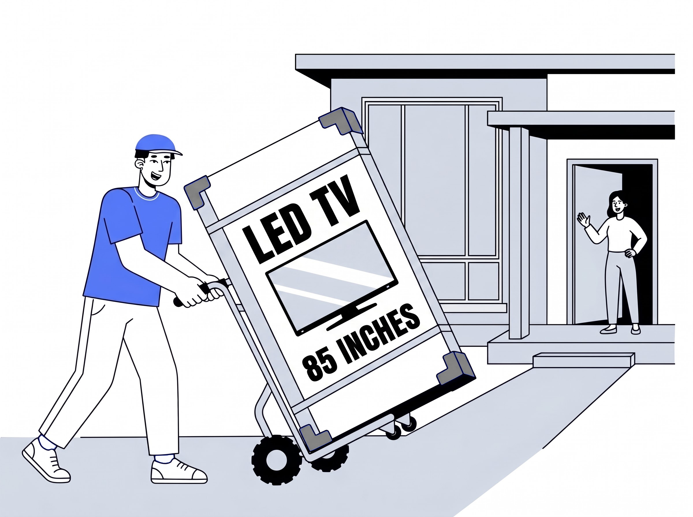 Delivery partner moving a large 70 to 85 inch LED LCD TV into a home