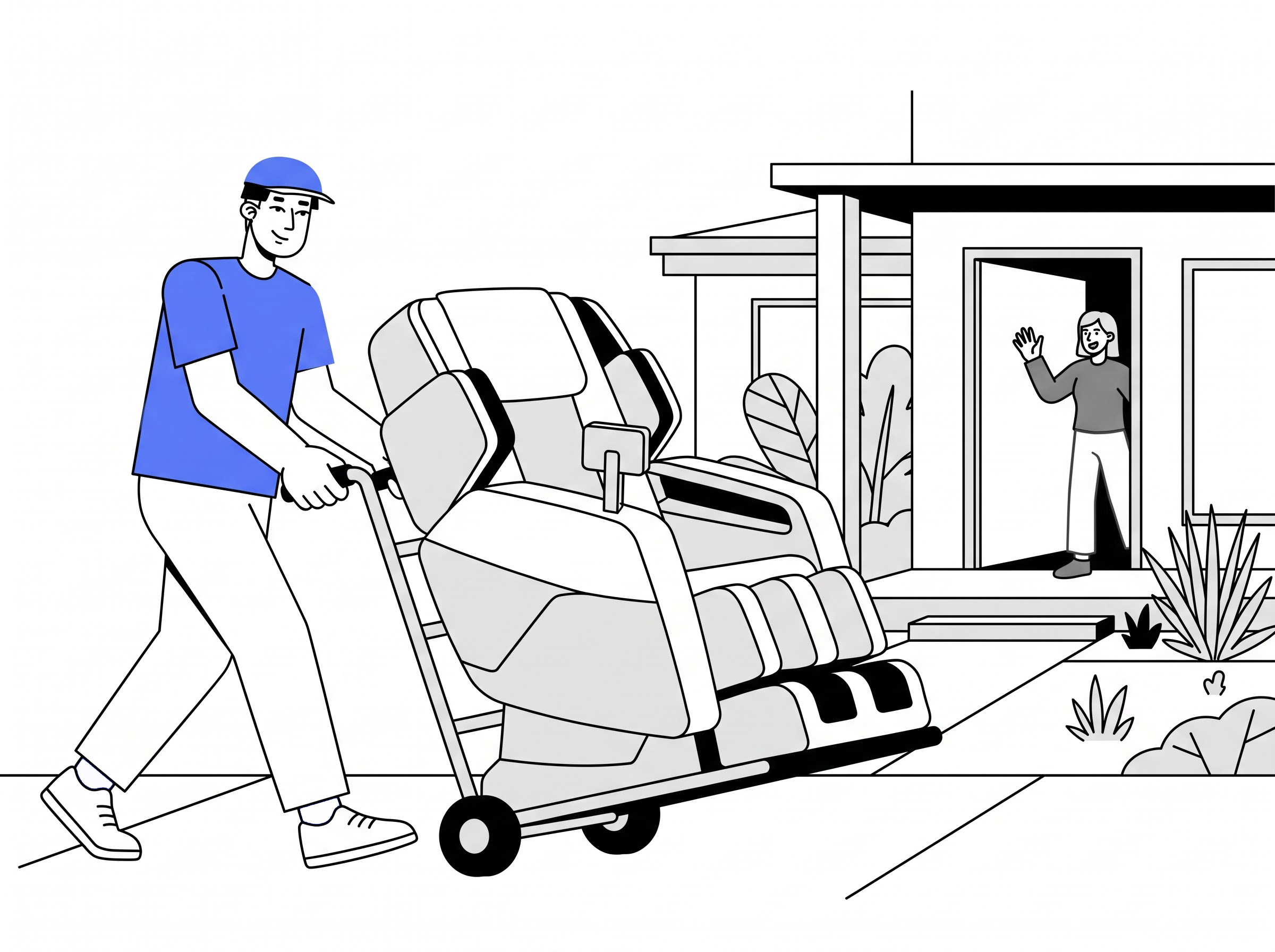 Delivery partner moving a massage chair on a trolley to a home
