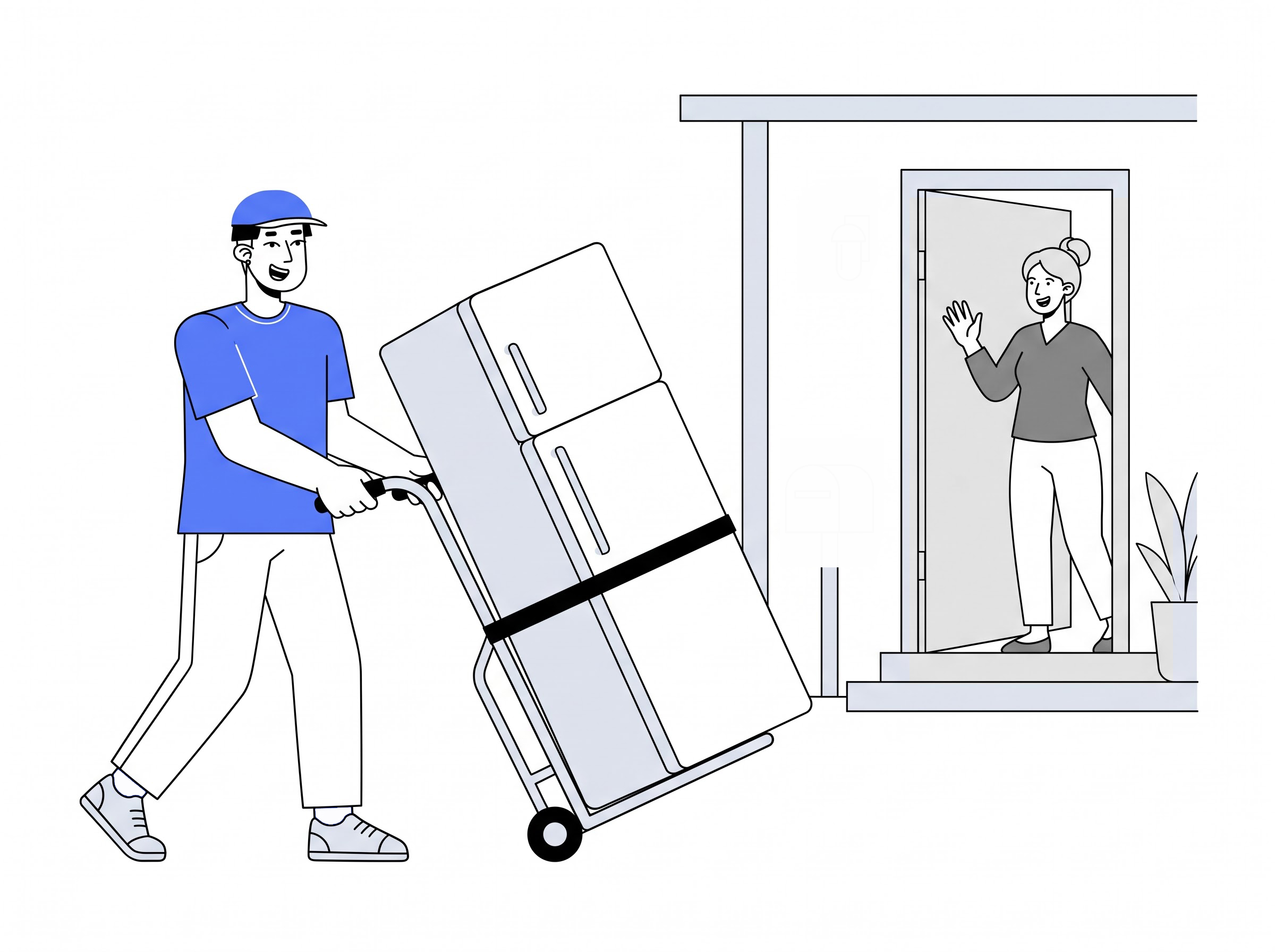 Delivery partner moving a medium fridge into a home